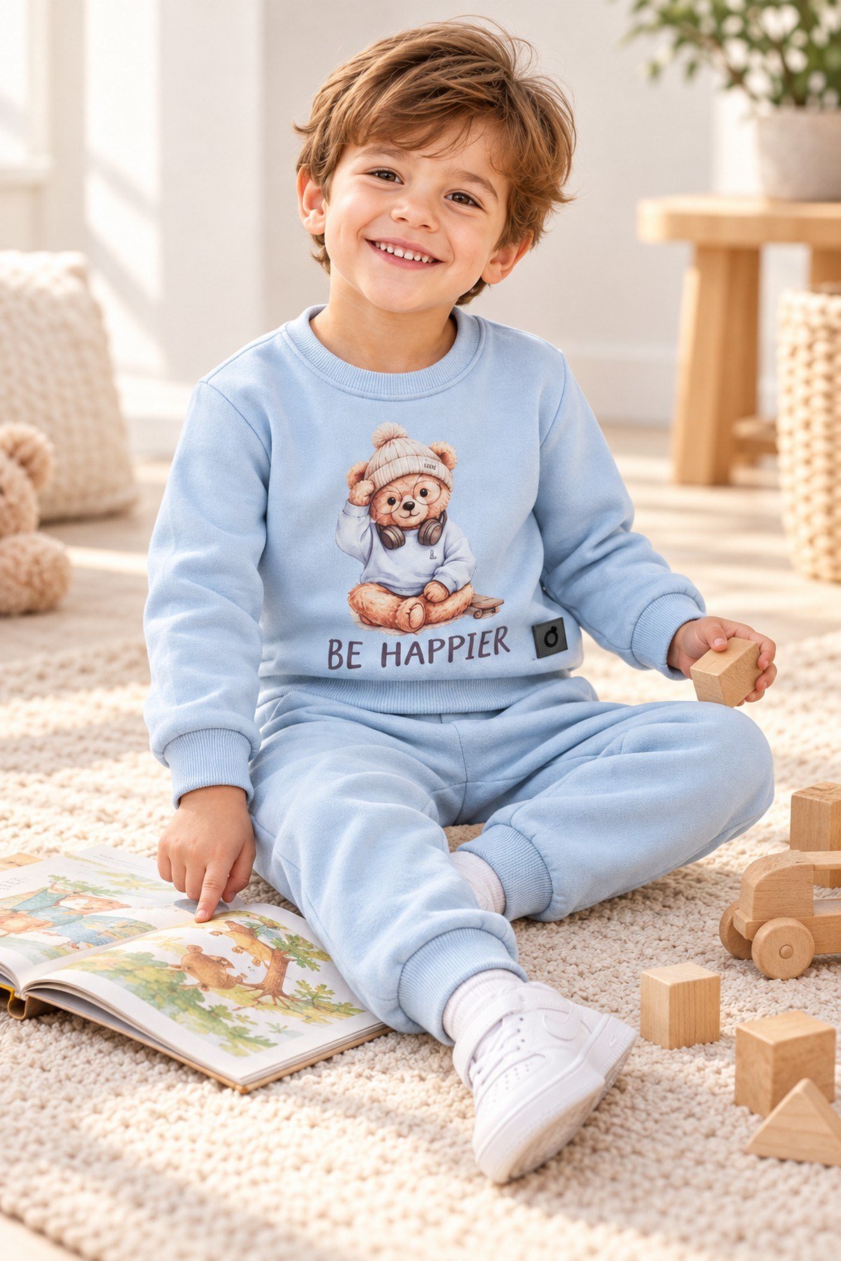 Erkek Çocuk Ayıcık Baskılı Şardonlu Bisiklet Yaka Sweatshirt ve Eşofman Altı 2'li Takım 2-5yaş