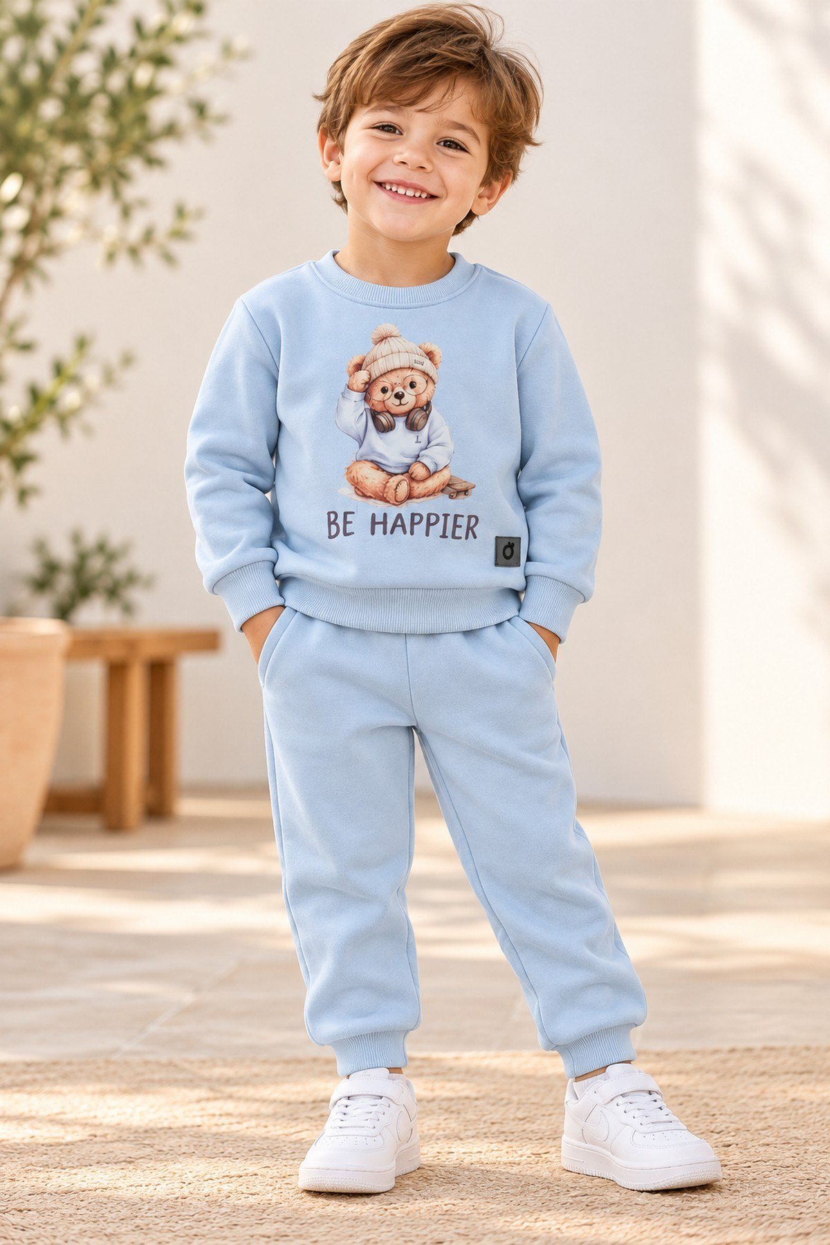 Erkek Çocuk Ayıcık Baskılı Şardonlu Bisiklet Yaka Sweatshirt ve Eşofman Altı 2'li Takım 2-5yaş