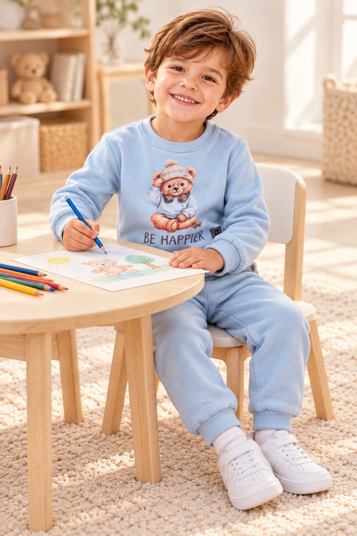 Erkek Çocuk Ayıcık Baskılı Şardonlu Bisiklet Yaka Sweatshirt ve Eşofman Altı 2'li Takım 2-5yaş
