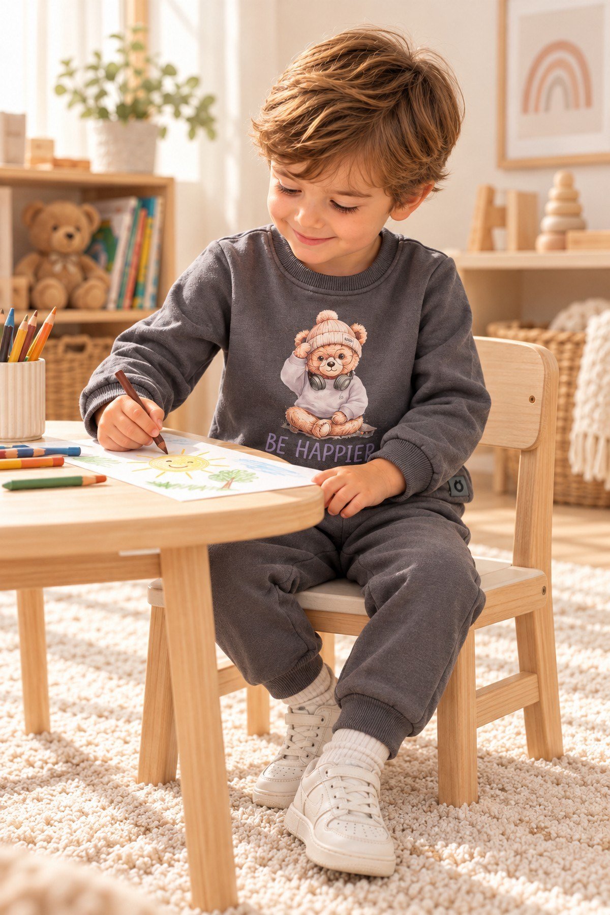 Erkek Çocuk Ayıcık Baskılı Şardonlu Bisiklet Yaka Sweatshirt ve Eşofman Altı 2'li Takım 2-5yaş
