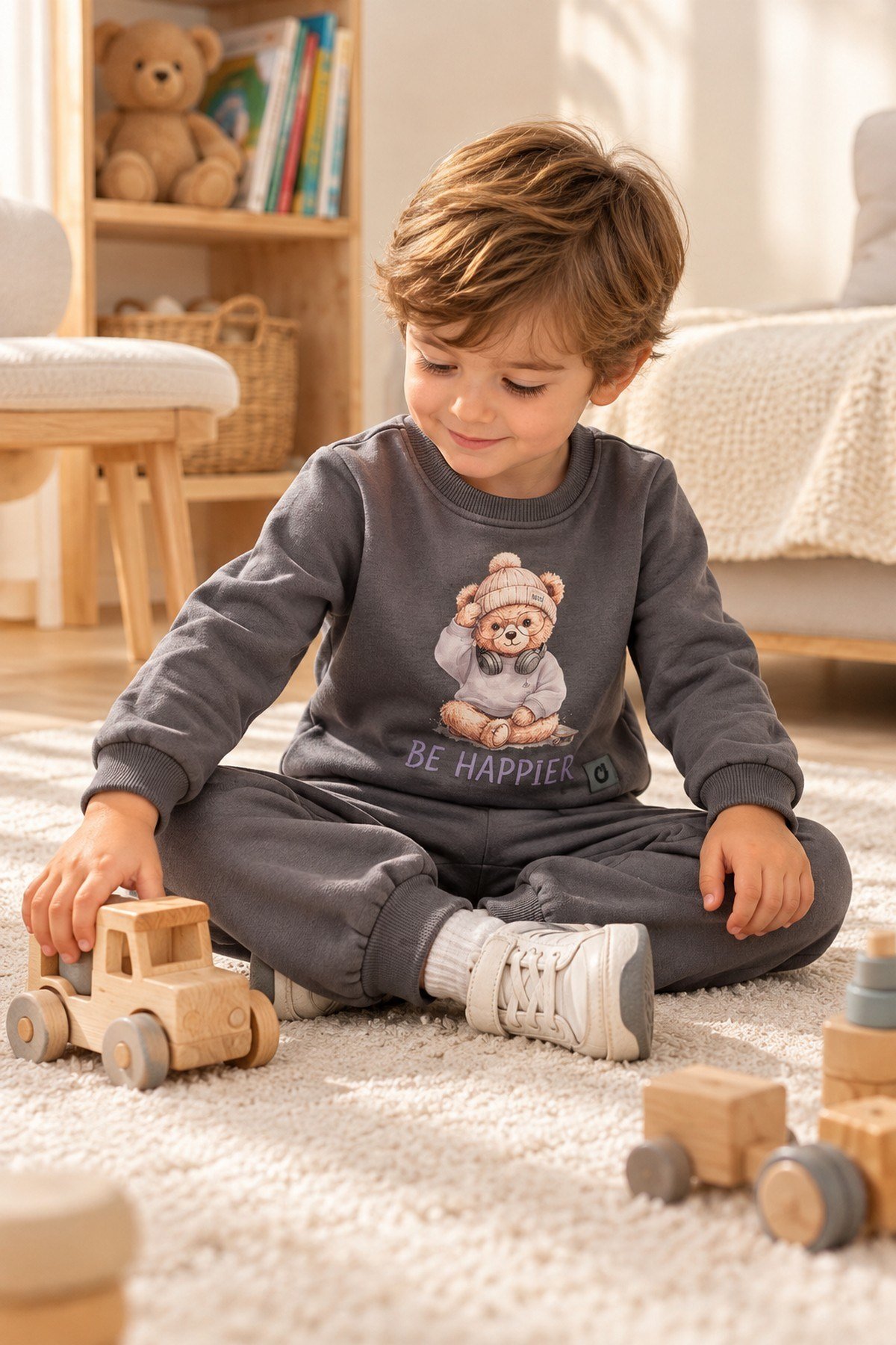 Erkek Çocuk Ayıcık Baskılı Şardonlu Bisiklet Yaka Sweatshirt ve Eşofman Altı 2'li Takım 2-5yaş