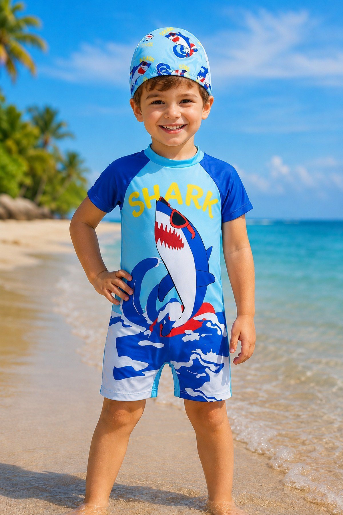 Erkek Çocuk Shark Desenli Dalgıç Kumaş Kısa Kollu Bone+Mayo 2li Takım 2-8 Yaş Deniz & Havuz Seti