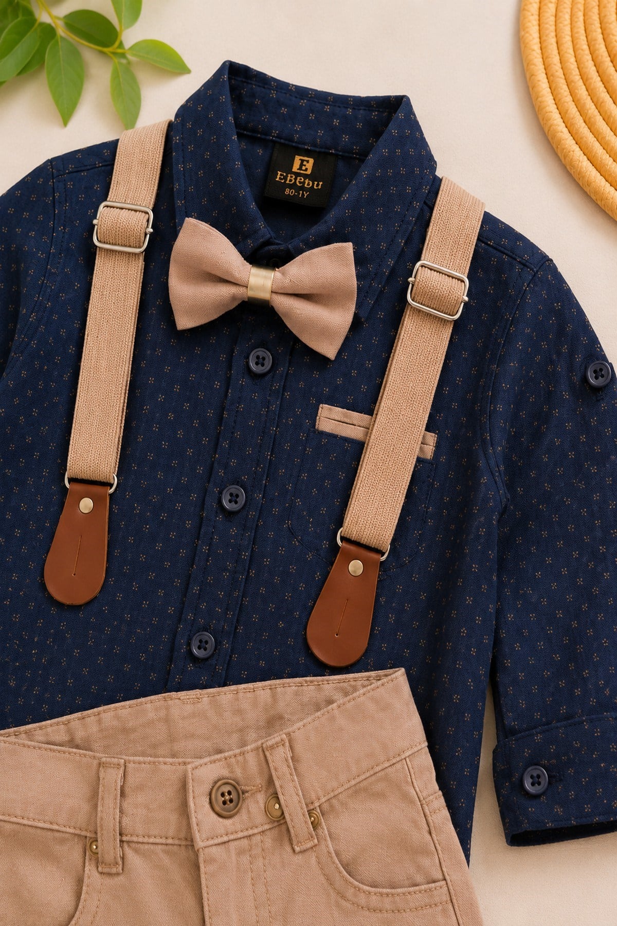Erkek Çocuk Uzun Kollu Lacivert Gömlekli Papyonlu Askılı Pantolonlu 4lü Takım