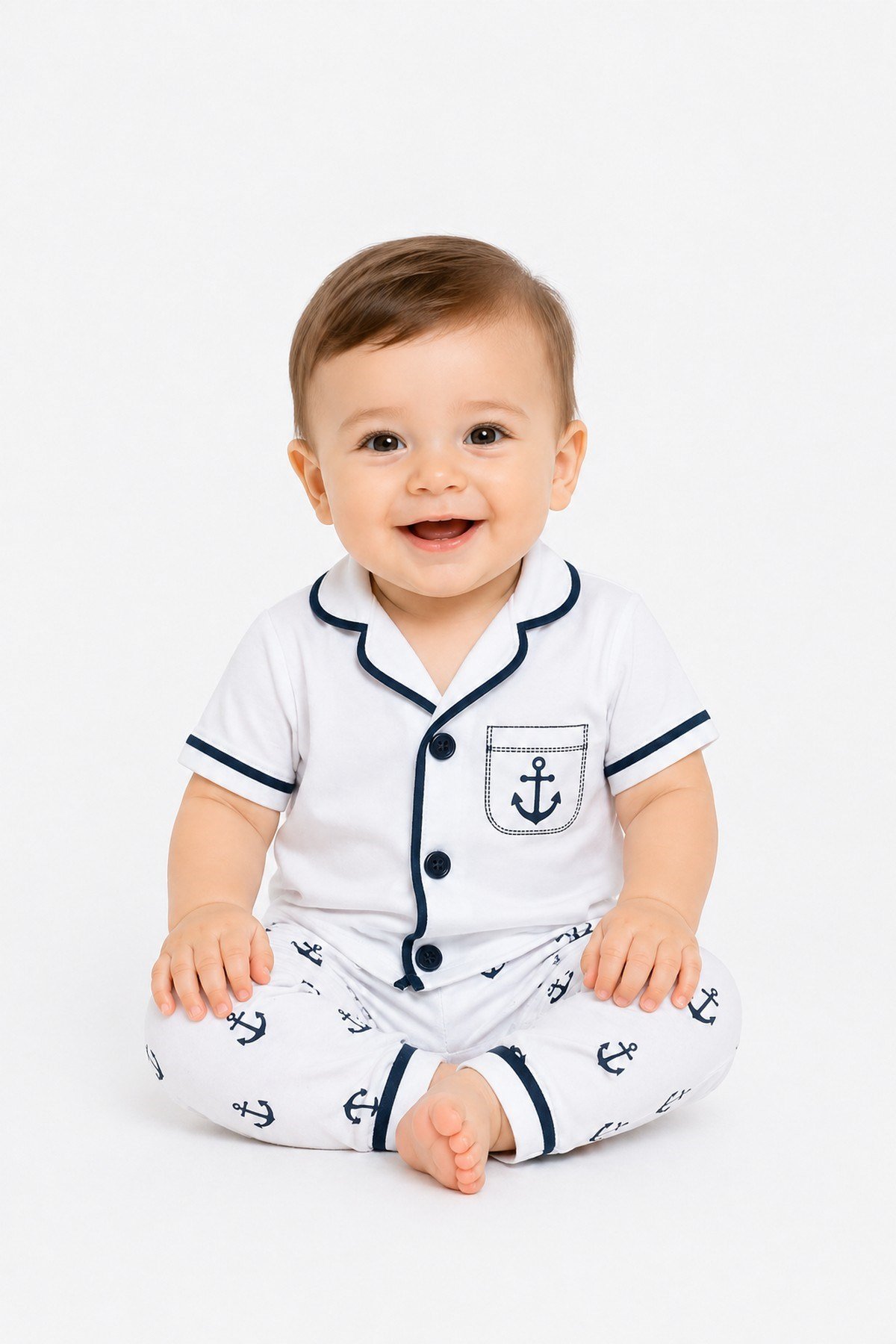 Erkek Çocuk/Bebek Denizci Desenli Kısa Kollu Yazlık 2li Pijama Takımı Alt Üst 6-24aylık 3-6yaş