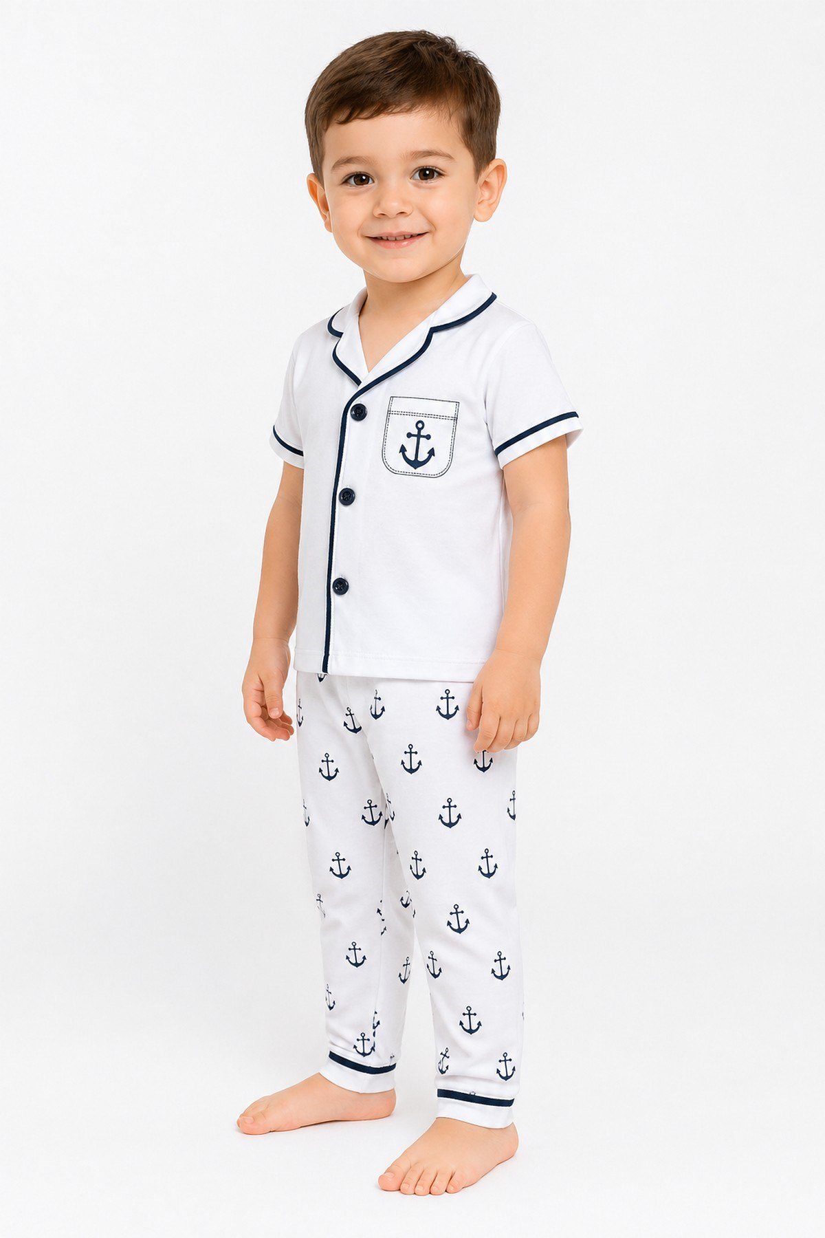 Erkek Çocuk/Bebek Denizci Desenli Kısa Kollu Yazlık 2li Pijama Takımı Alt Üst 6-24aylık 3-6yaş