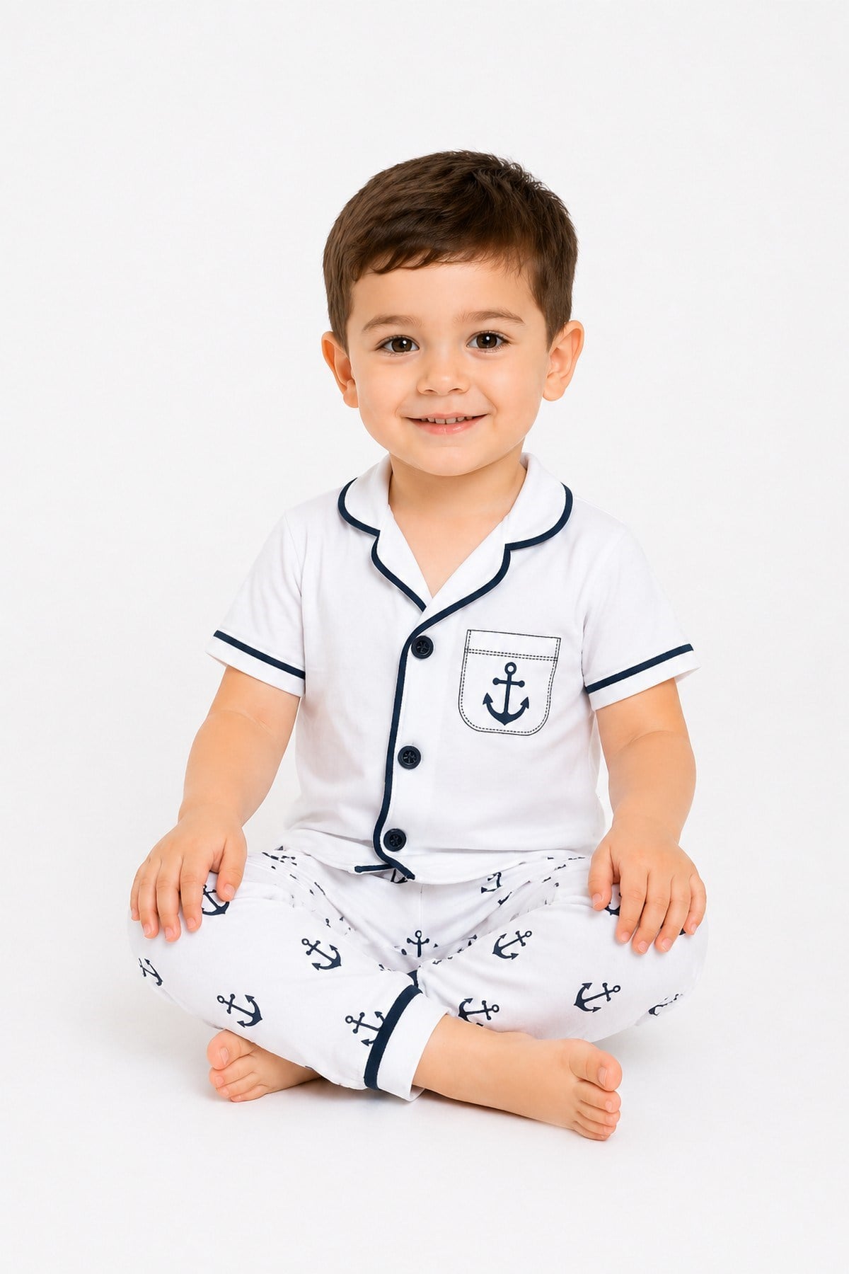 Erkek Çocuk/Bebek Denizci Desenli Kısa Kollu Yazlık 2li Pijama Takımı Alt Üst 6-24aylık 3-6yaş
