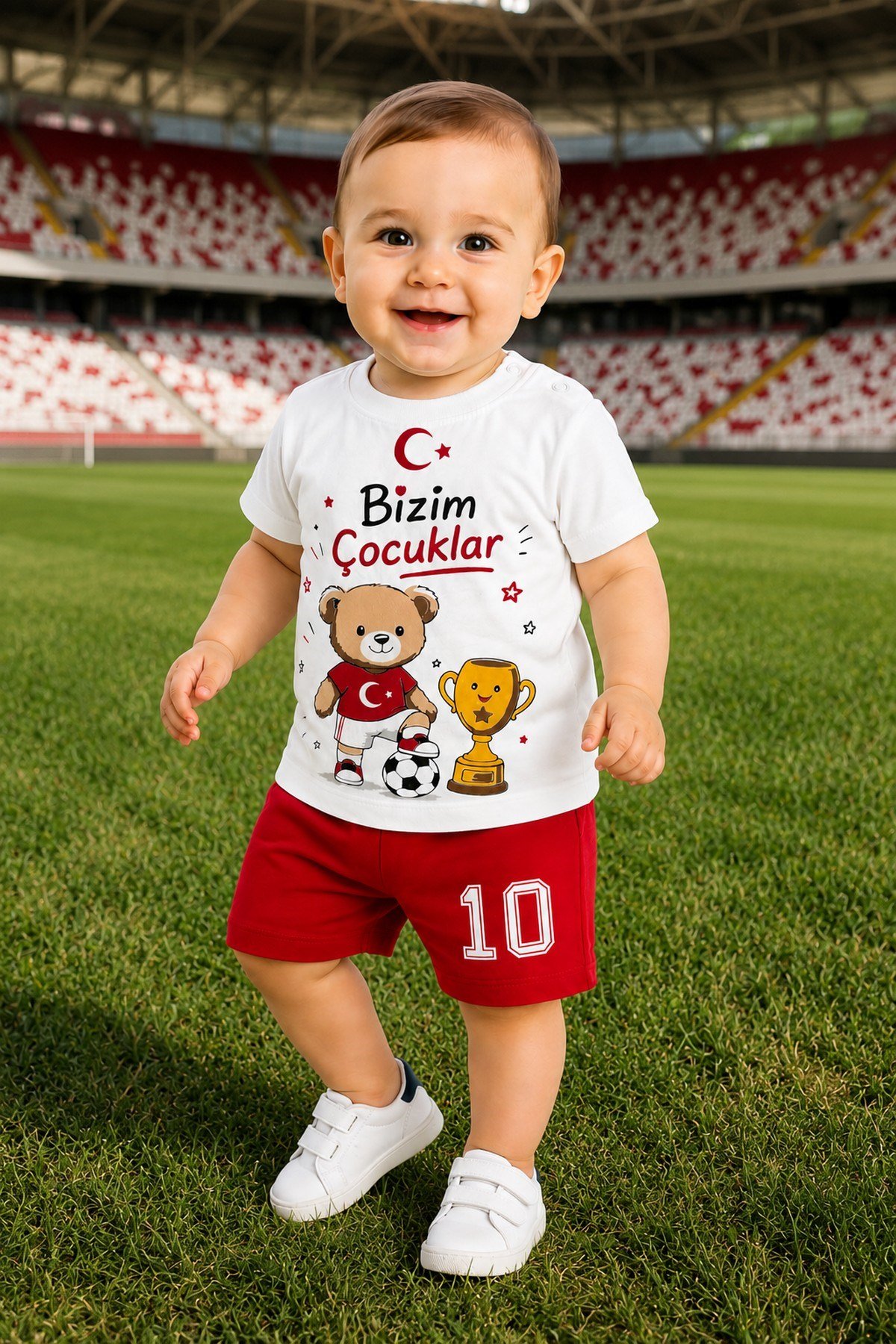 Erkek Kız Bebek Unısex Bizim Çocuklar Futbol Temalı Türkiye Ay Yıldız Kupa Ayıcık Baskılı Şortlu Yazlık 2'li Takım 3-12aylık 