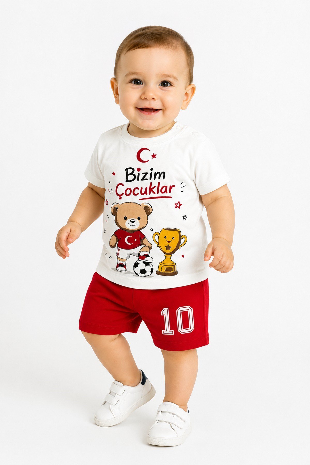 Erkek Kız Bebek Unısex Bizim Çocuklar Futbol Temalı Türkiye Ay Yıldız Kupa Ayıcık Baskılı Şortlu Yazlık 2'li Takım 3-12aylık 