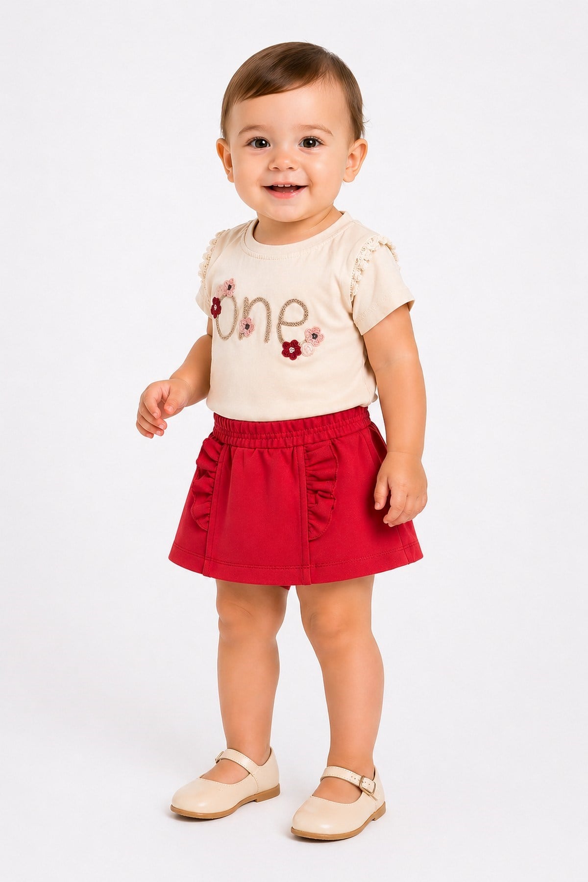 Kız Bebek 2'li Yazlık Takım One Nakışlı Dantelli Tişört ve Fırfırlı Etek Görünümlü Şort (Skort) 6-9-12-18-24 Aylık