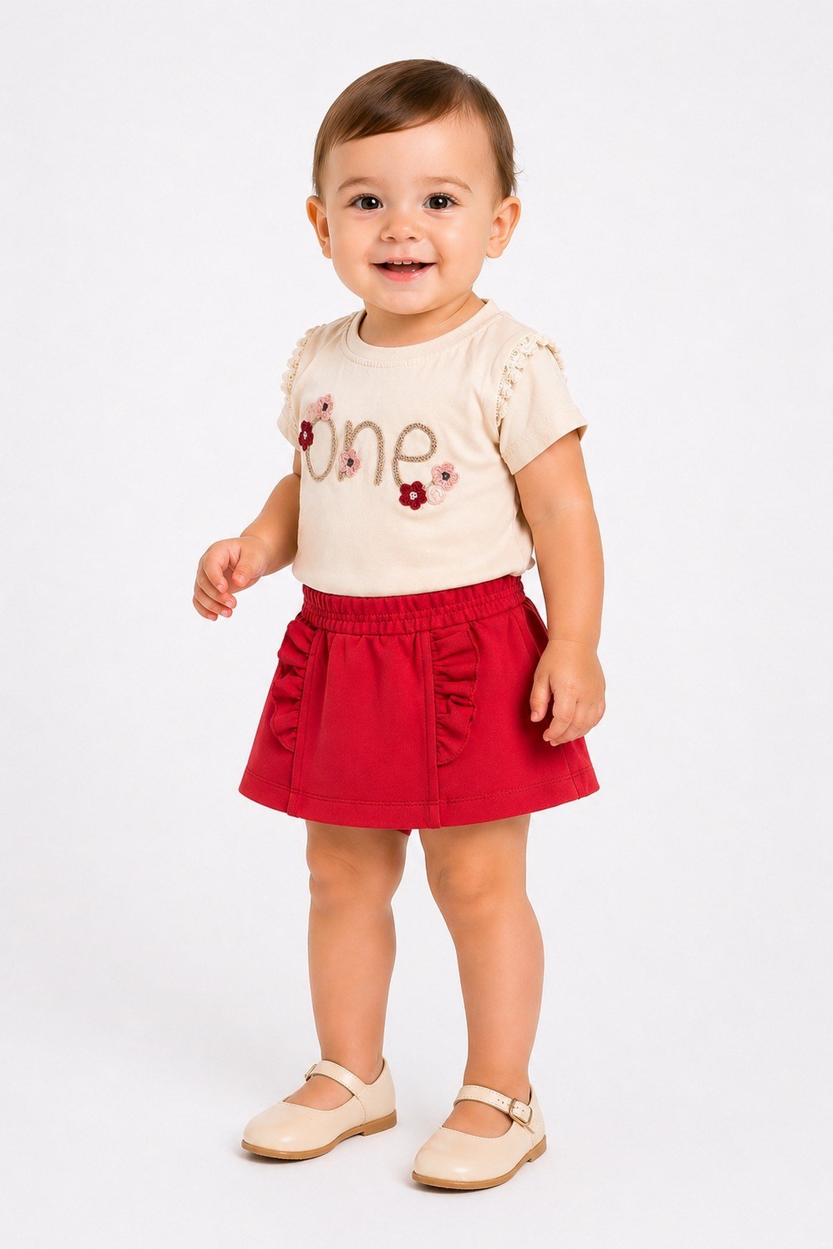 Kız Bebek 2'li Yazlık Takım One Nakışlı Dantelli Tişört ve Fırfırlı Etek Görünümlü Şort (Skort) 6-9-12-18-24 Aylık