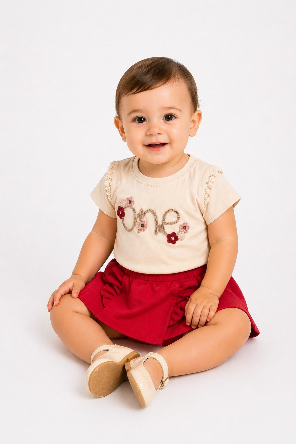 Kız Bebek 2'li Yazlık Takım One Nakışlı Dantelli Tişört ve Fırfırlı Etek Görünümlü Şort (Skort) 6-9-12-18-24 Aylık