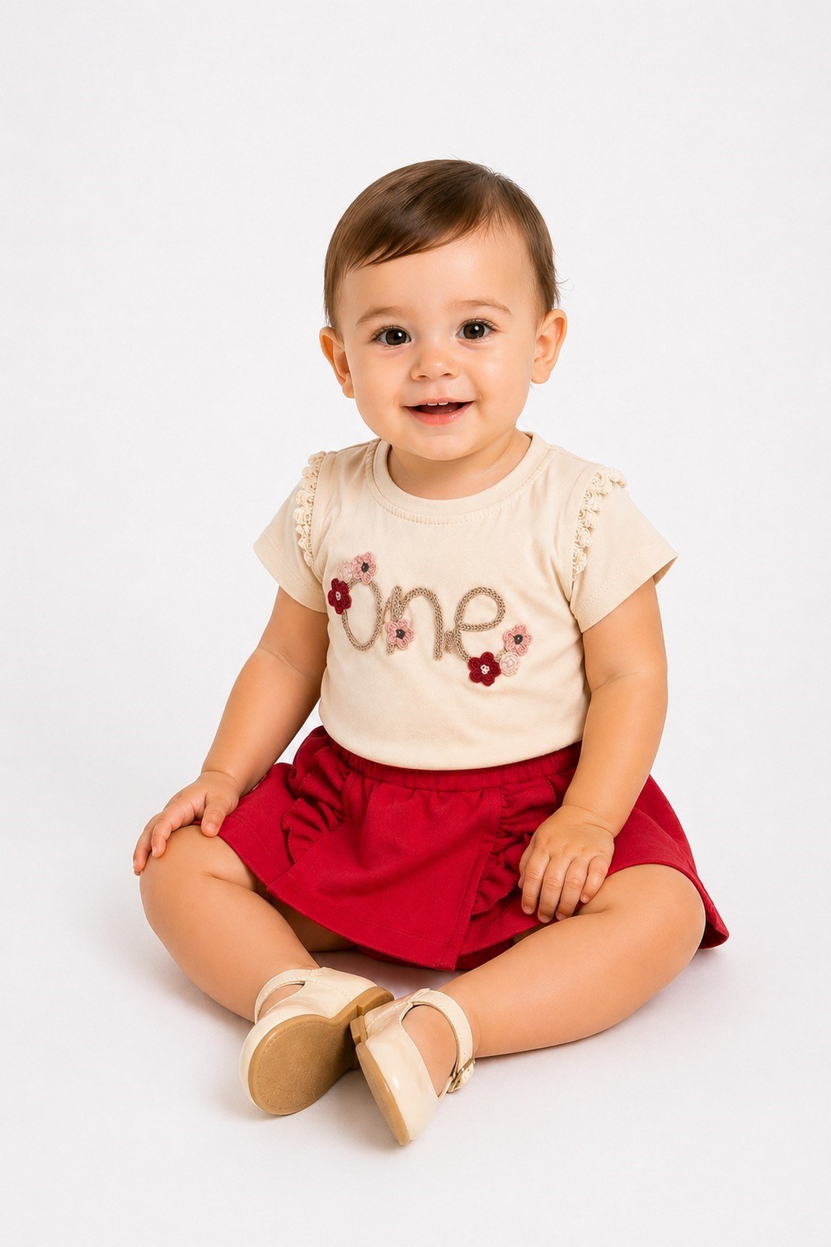 Kız Bebek 2'li Yazlık Takım One Nakışlı Dantelli Tişört ve Fırfırlı Etek Görünümlü Şort (Skort) 6-9-12-18-24 Aylık