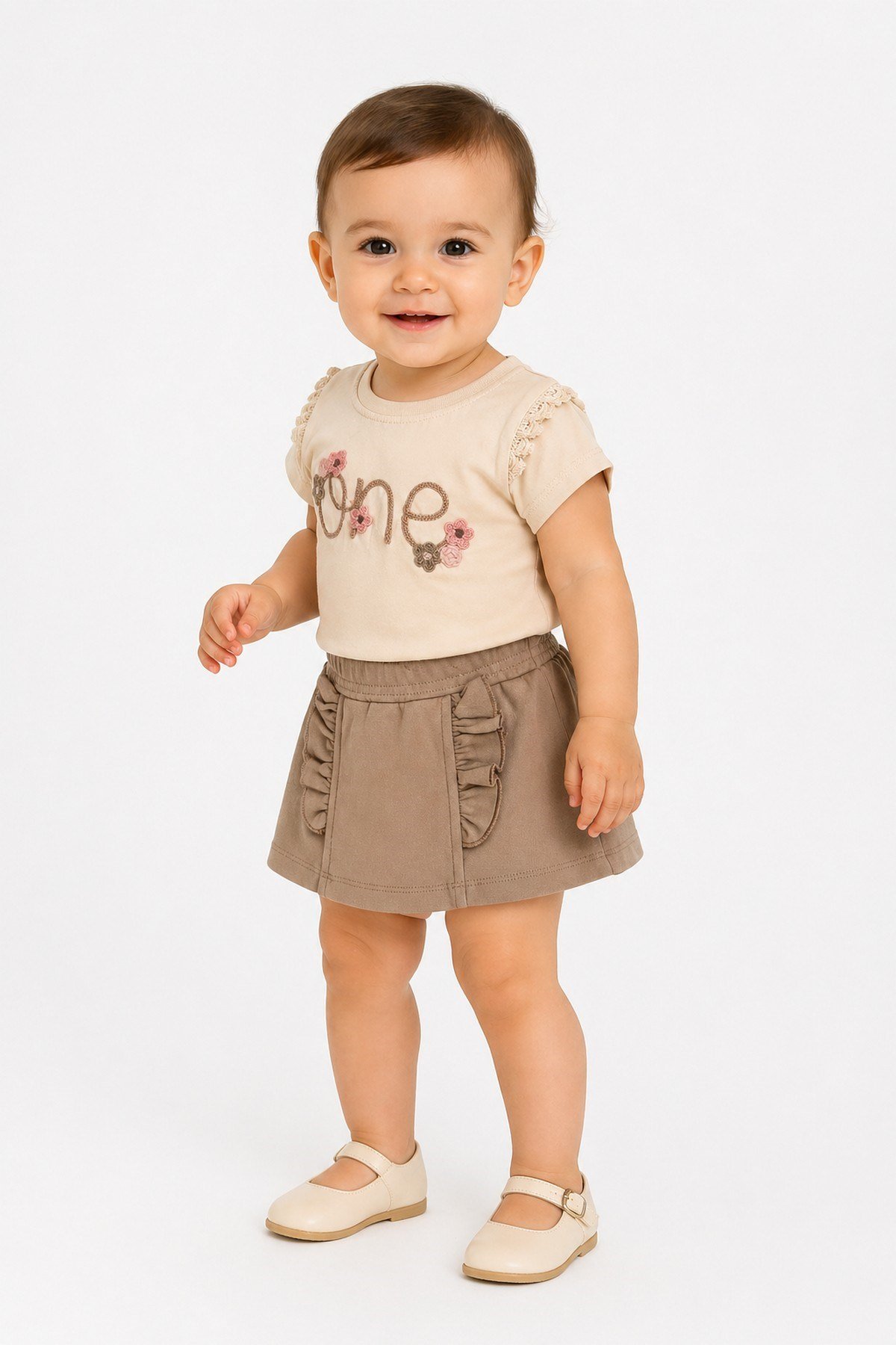 Kız Bebek 2'li Yazlık Takım One Nakışlı Dantelli Tişört ve Fırfırlı Etek Görünümlü Şort (Skort) 6-9-12-18-24 Aylık