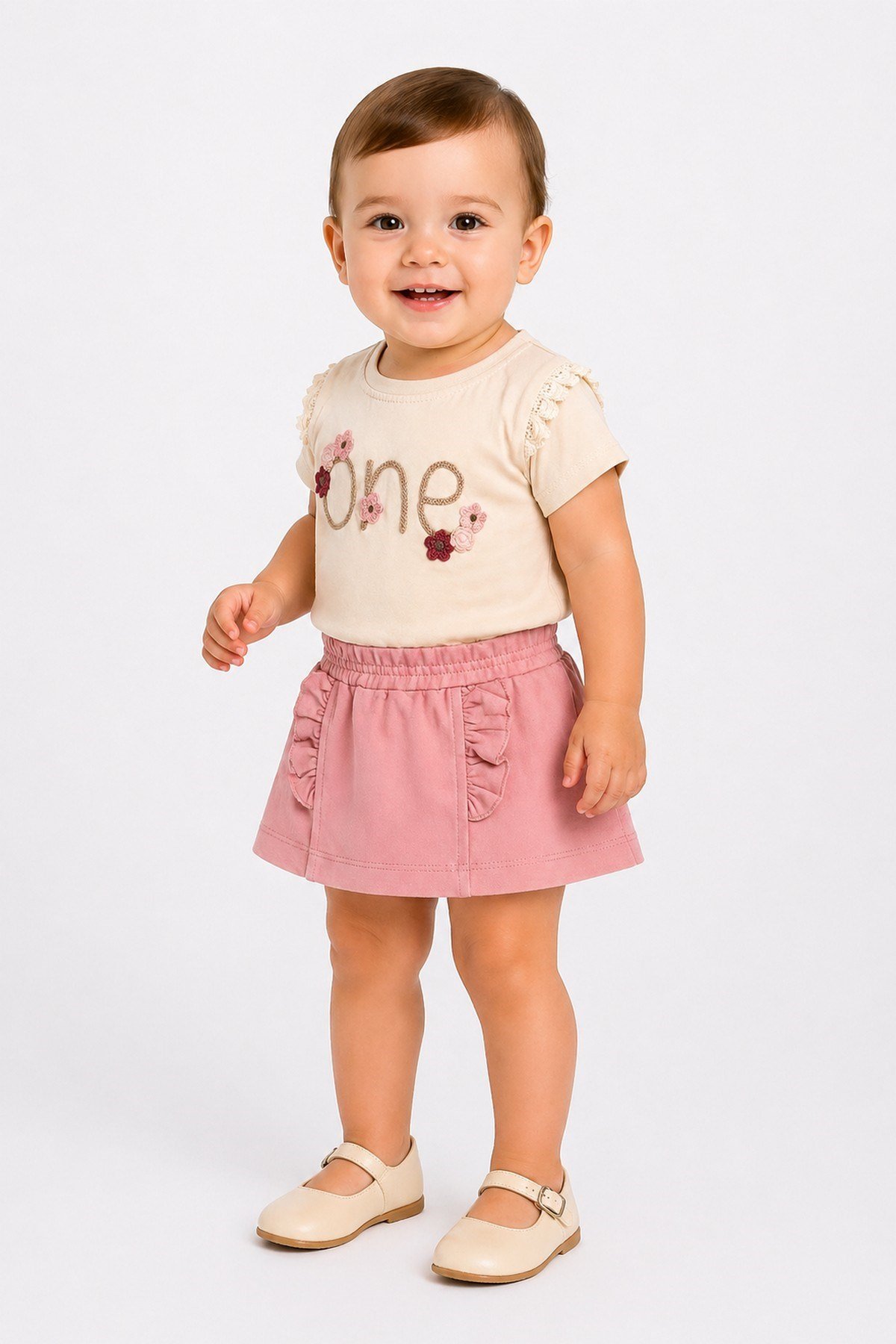 Kız Bebek 2'li Yazlık Takım One Nakışlı Dantelli Tişört ve Fırfırlı Etek Görünümlü Şort (Skort) 6-9-12-18-24 Aylık