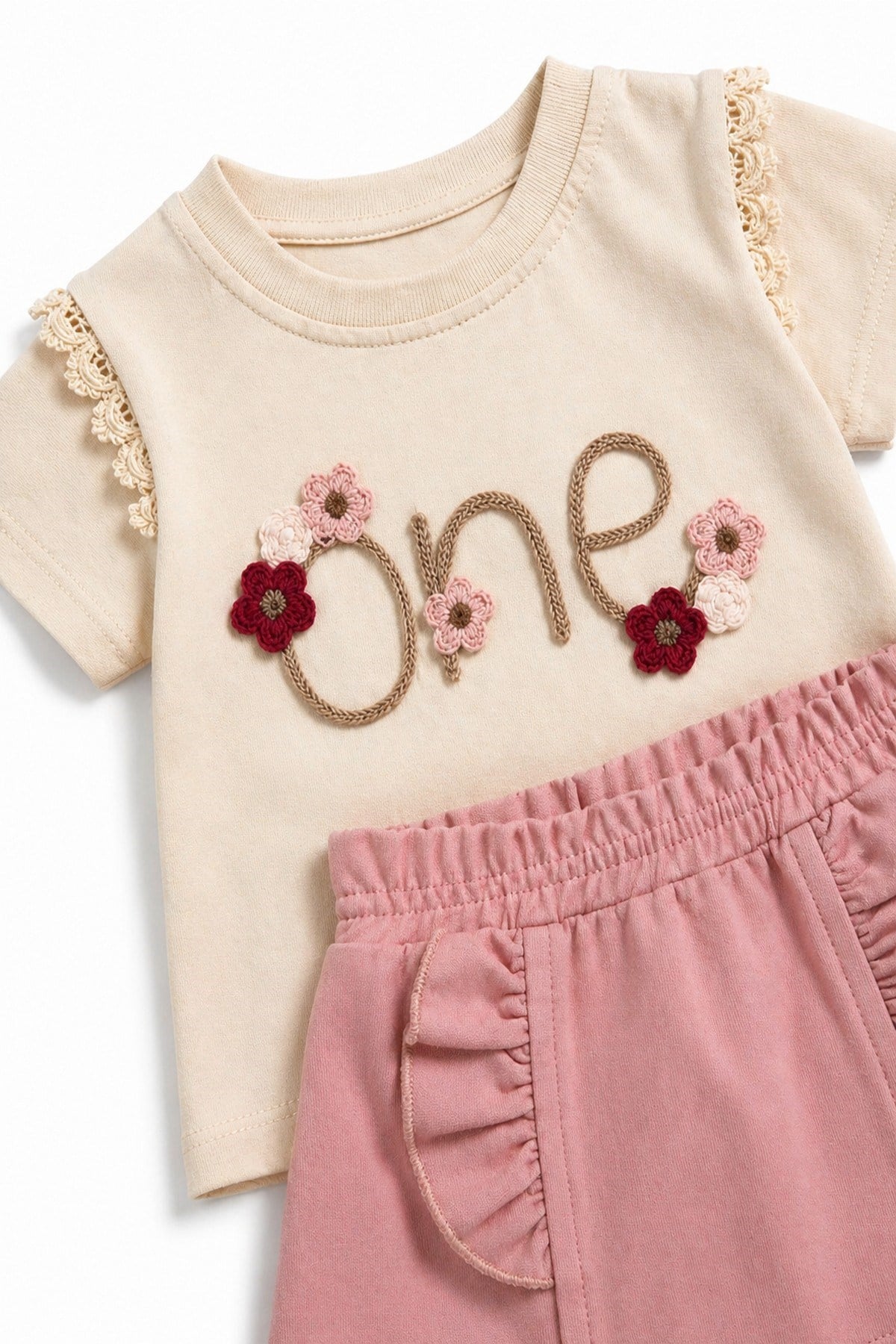 Kız Bebek 2'li Yazlık Takım One Nakışlı Dantelli Tişört ve Fırfırlı Etek Görünümlü Şort (Skort) 6-9-12-18-24 Aylık