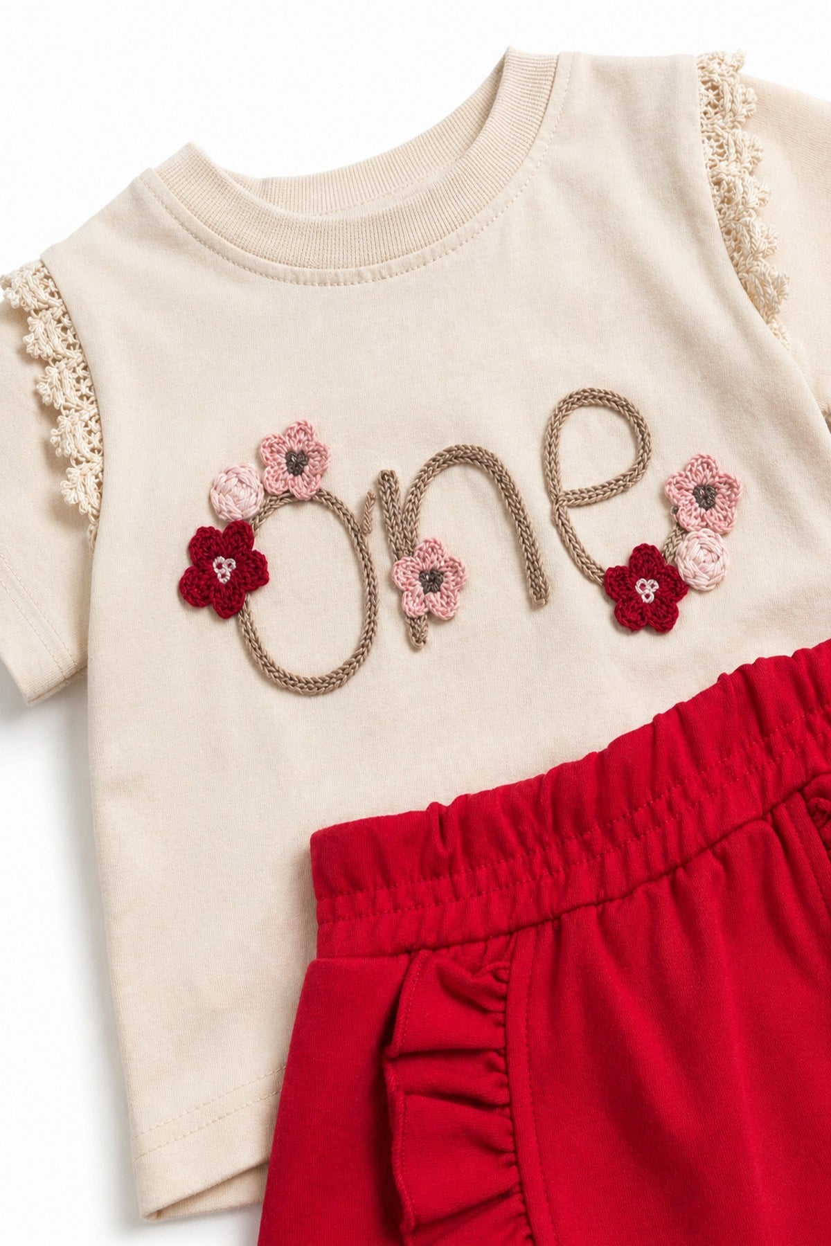 Kız Bebek 2'li Yazlık Takım One Nakışlı Dantelli Tişört ve Fırfırlı Etek Görünümlü Şort (Skort) 6-9-12-18-24 Aylık