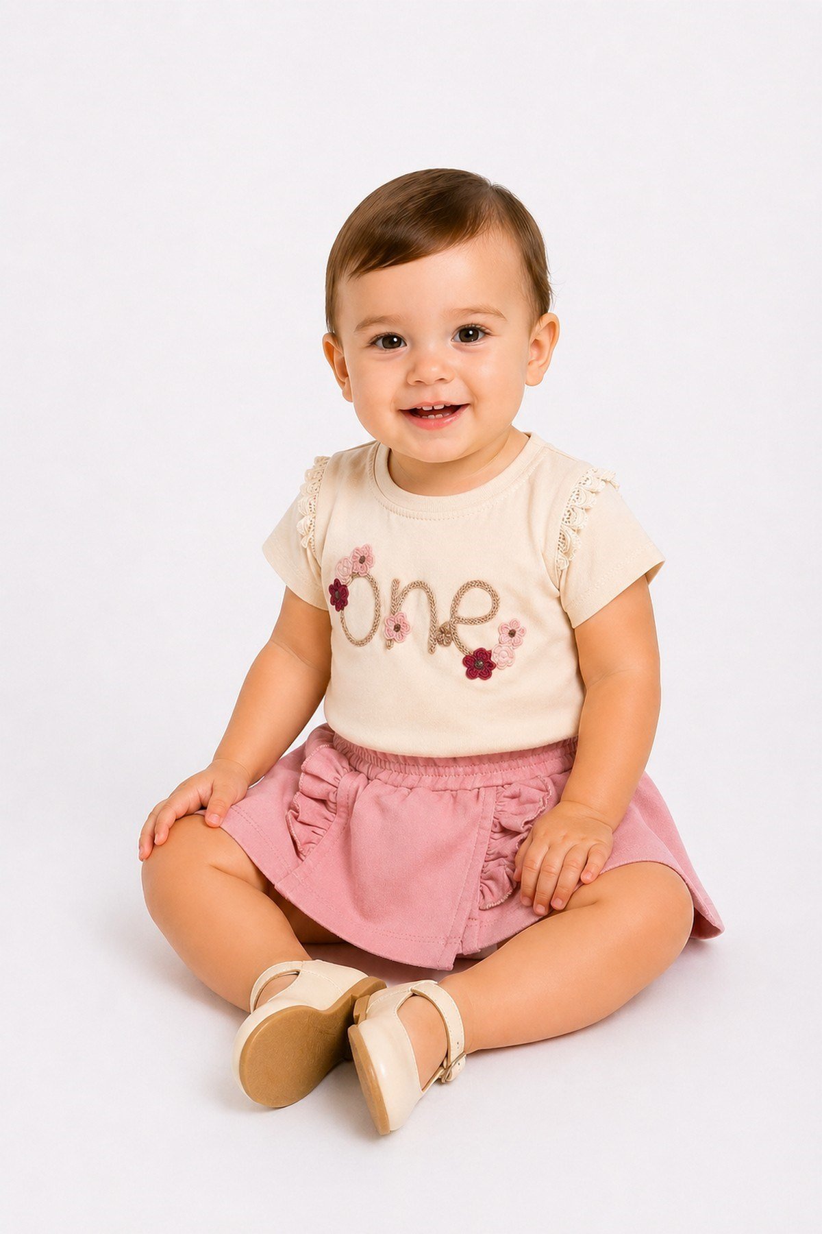 Kız Bebek 2'li Yazlık Takım One Nakışlı Dantelli Tişört ve Fırfırlı Etek Görünümlü Şort (Skort) 6-9-12-18-24 Aylık