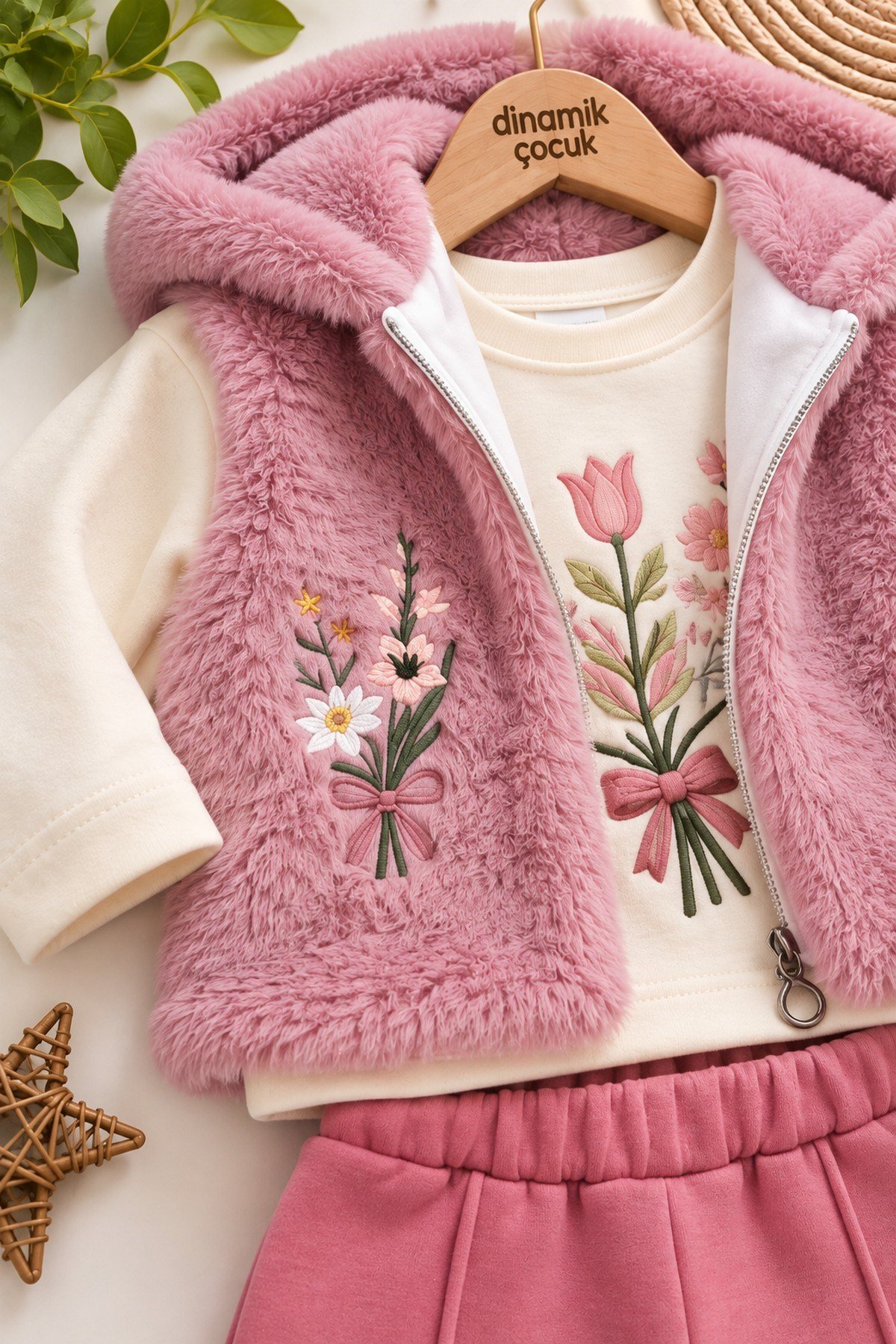 Kız Bebek 3'lü Takım Çiçek Nakışlı Kapüşonlu Peluş Yelekli Şardonlu Geniş Paça Alt ve Uzun Kollu T-shirt 3-18 Ay