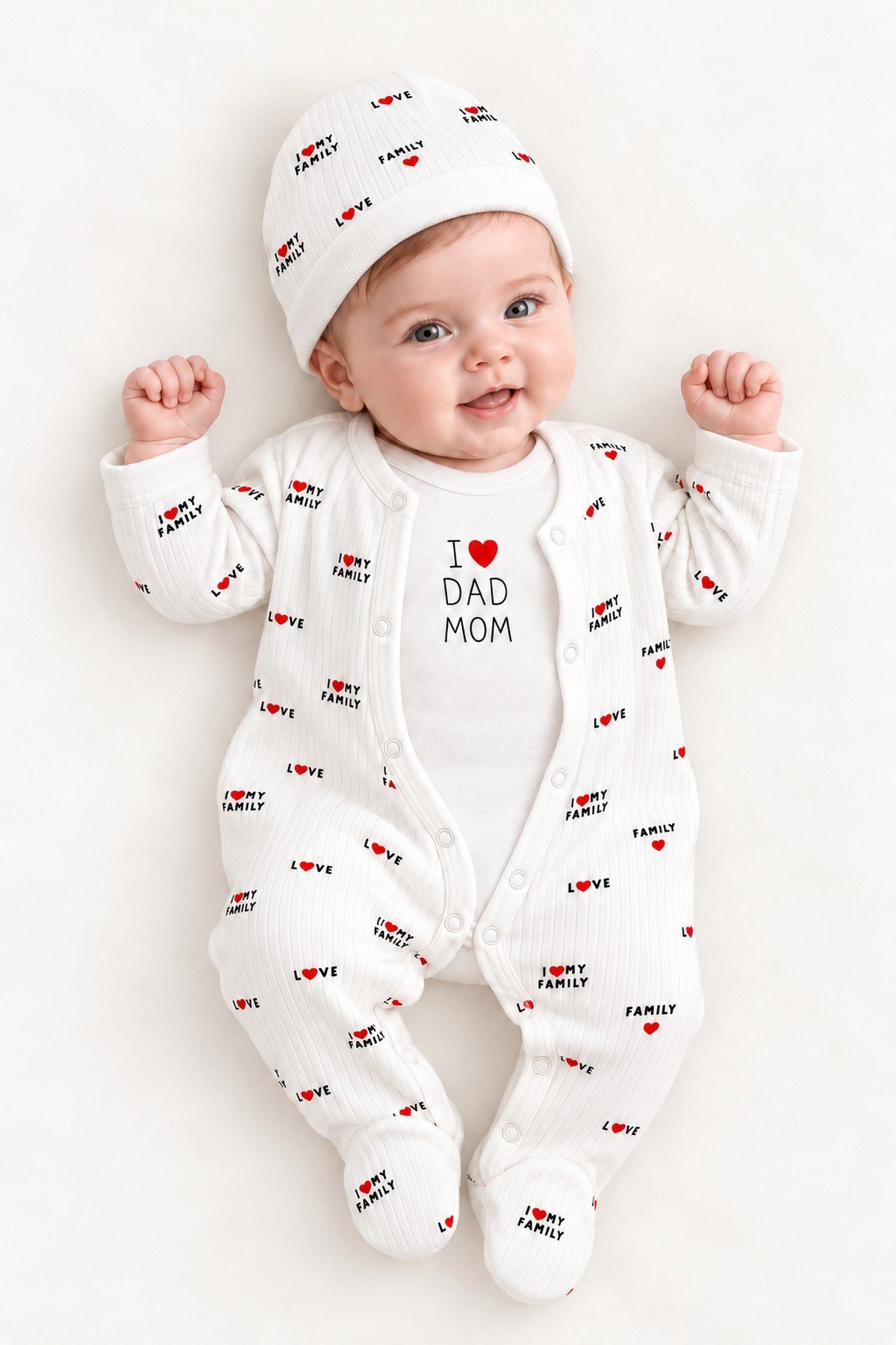 Kız Bebek 3'lü Takım I Love Mom Dad Baskılı Çıtçıtlı Body + Tulum + Şapka %100 Pamuk Yenidoğan 0-3/3-6 Aylık