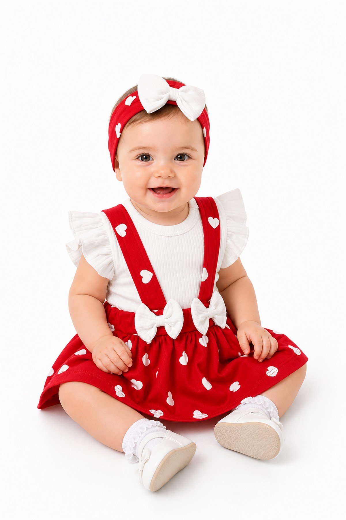 Kız Bebek 3'lü Takım Kalpli Bandanalı Salopet Elbise & Alttan Çıtçıtlı Badi Takım 0-3-6-9-12 Ay