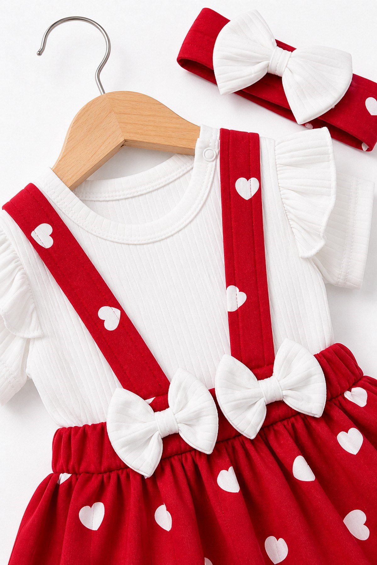 Kız Bebek 3'lü Takım Kalpli Bandanalı Salopet Elbise & Alttan Çıtçıtlı Badi Takım 0-3-6-9-12 Ay