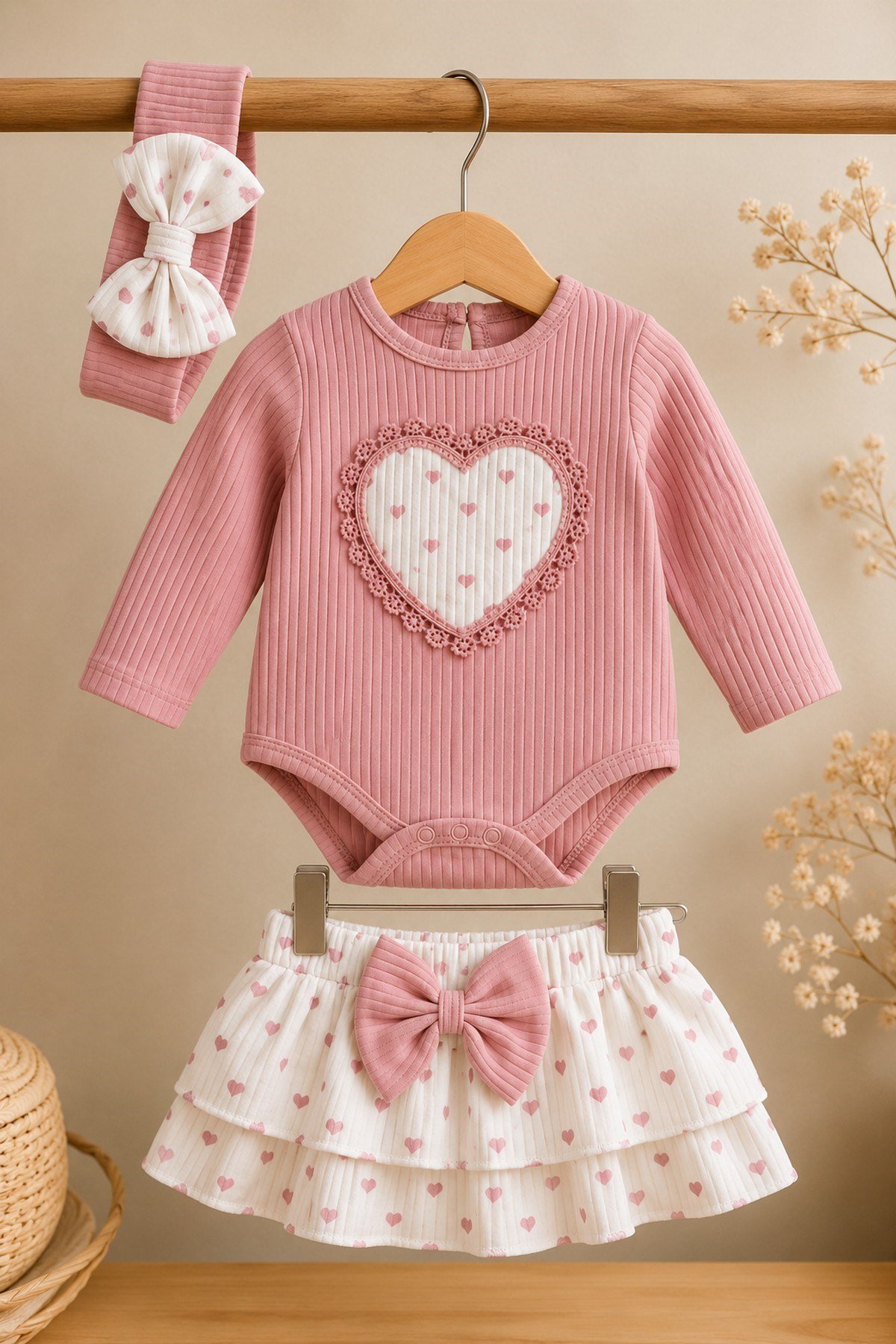 Kız Bebek 3'lü Takım Kalpli Ribanalı Alttan Çıtçıtlı Badi+Fiyonklu Katlı Etek+Bandana 3lü Set 0-12aylık