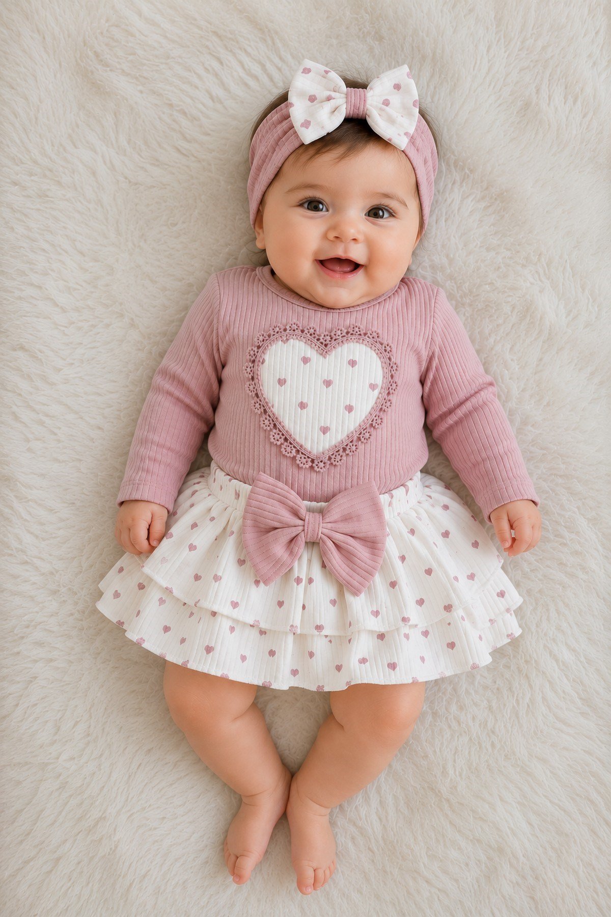 Kız Bebek 3'lü Takım Kalpli Ribanalı Alttan Çıtçıtlı Badi+Fiyonklu Katlı Etek+Bandana 3lü Set 0-12aylık