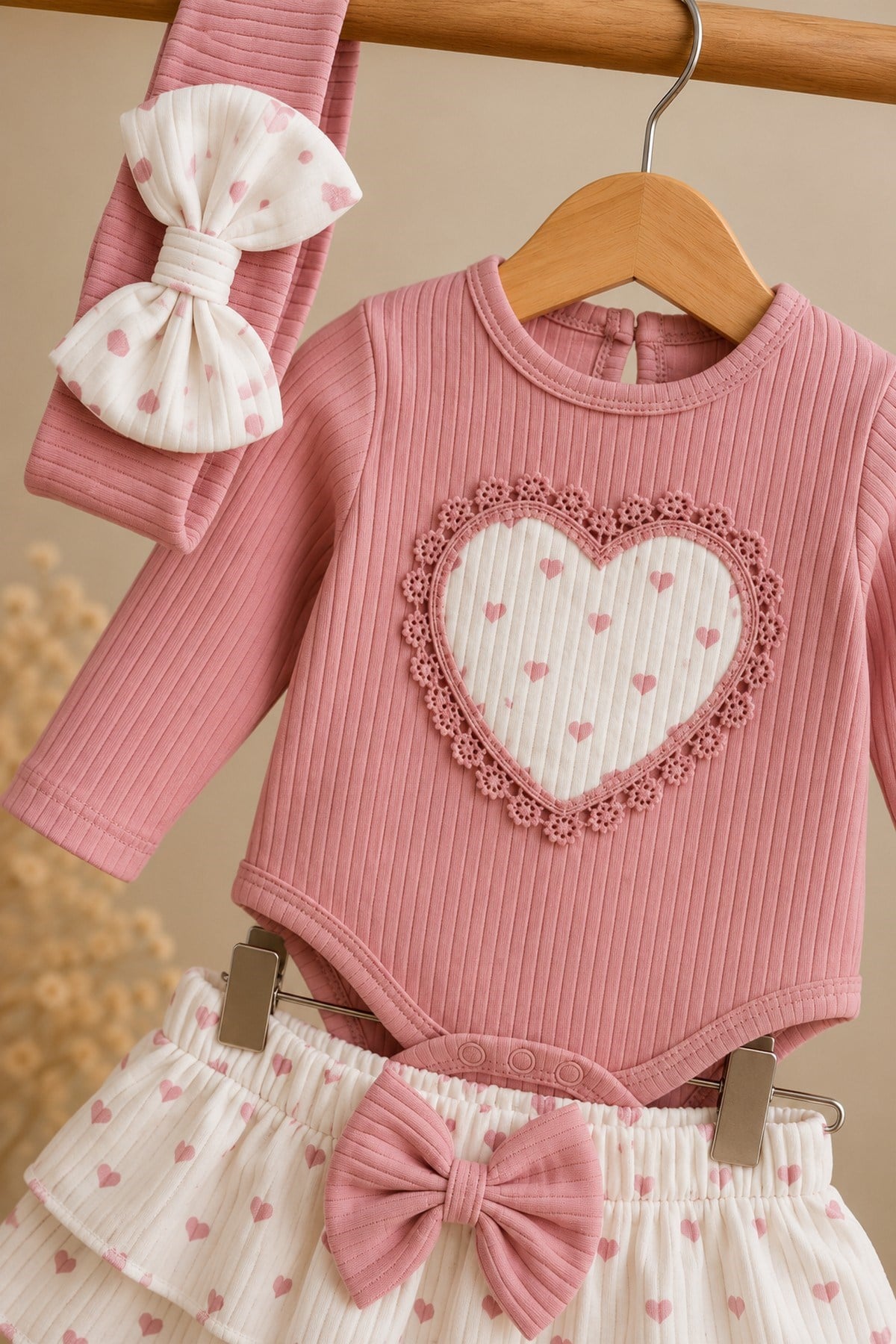 Kız Bebek 3'lü Takım Kalpli Ribanalı Alttan Çıtçıtlı Badi+Fiyonklu Katlı Etek+Bandana 3lü Set 0-12aylık