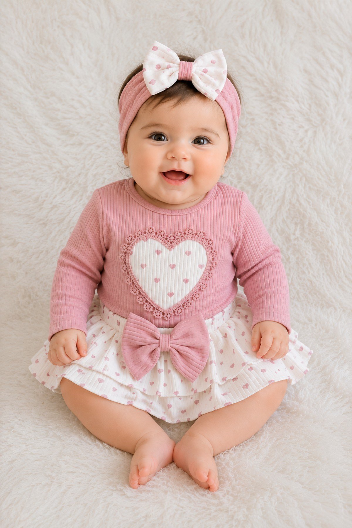 Kız Bebek 3'lü Takım Kalpli Ribanalı Alttan Çıtçıtlı Badi+Fiyonklu Katlı Etek+Bandana 3lü Set 0-12aylık