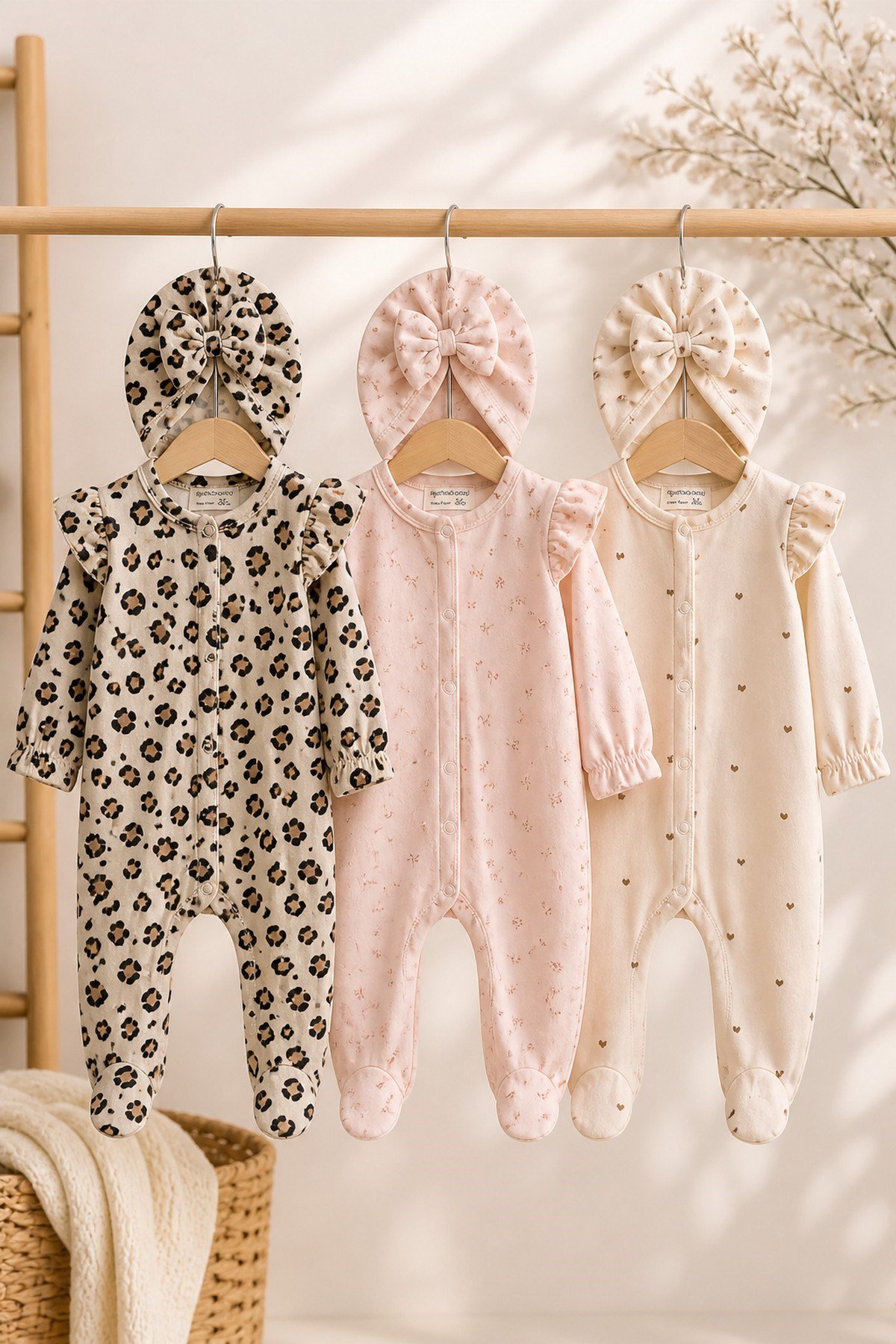 Kız Bebek 3'lü Tulum Set Bandanalı Leopar Kalp Desenli Fırfırlı Uzun Kollu Çıtçıtlı (0-3ay) %100pamuk