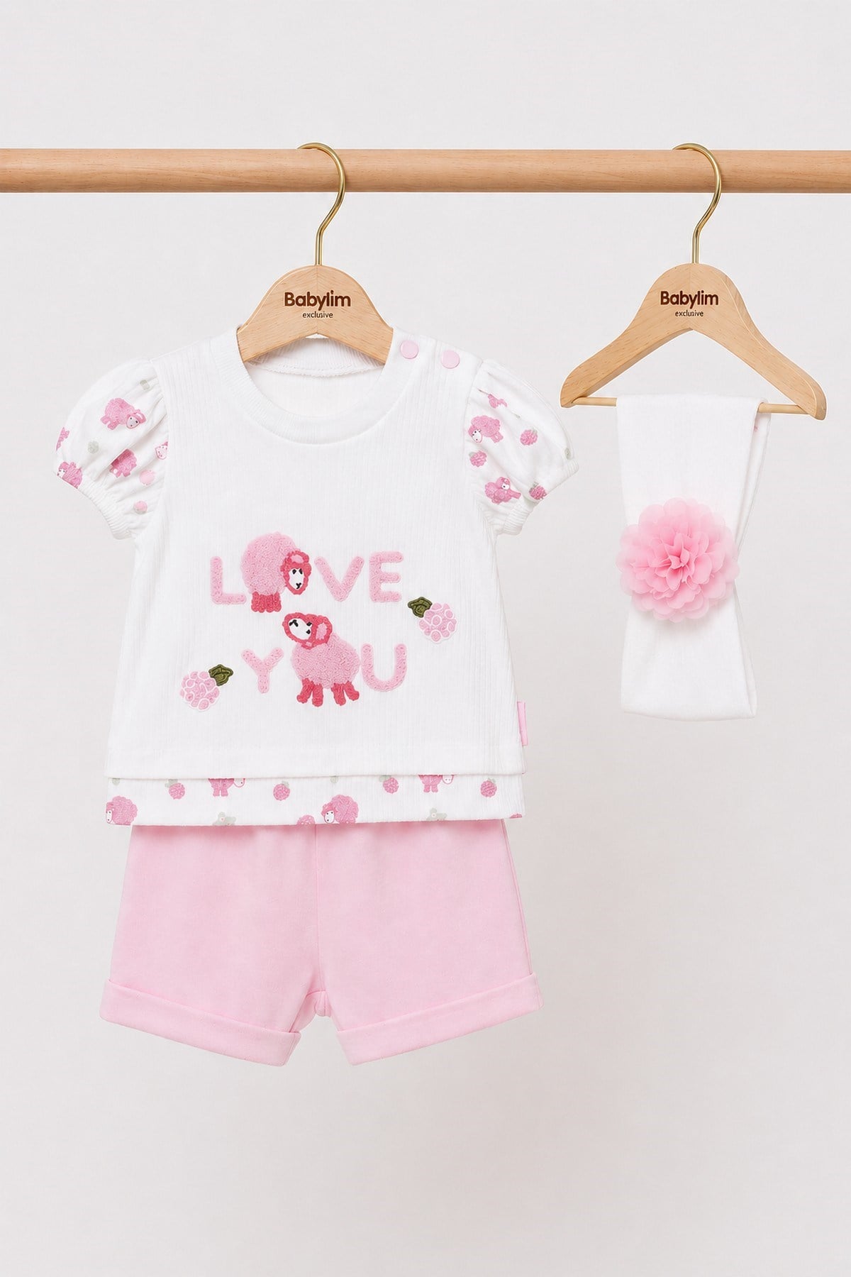 Kız Bebek 3lü Yazlık Takım %100pamuk Love You Kuzu Nakışlı Tişört+Şort+Bandana Set 0-3-6-9Aylık