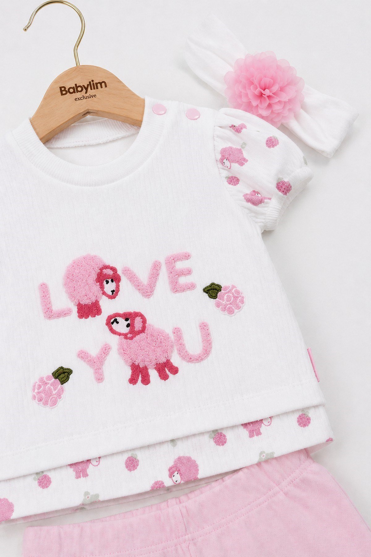 Kız Bebek 3lü Yazlık Takım %100pamuk Love You Kuzu Nakışlı Tişört+Şort+Bandana Set 0-3-6-9Aylık