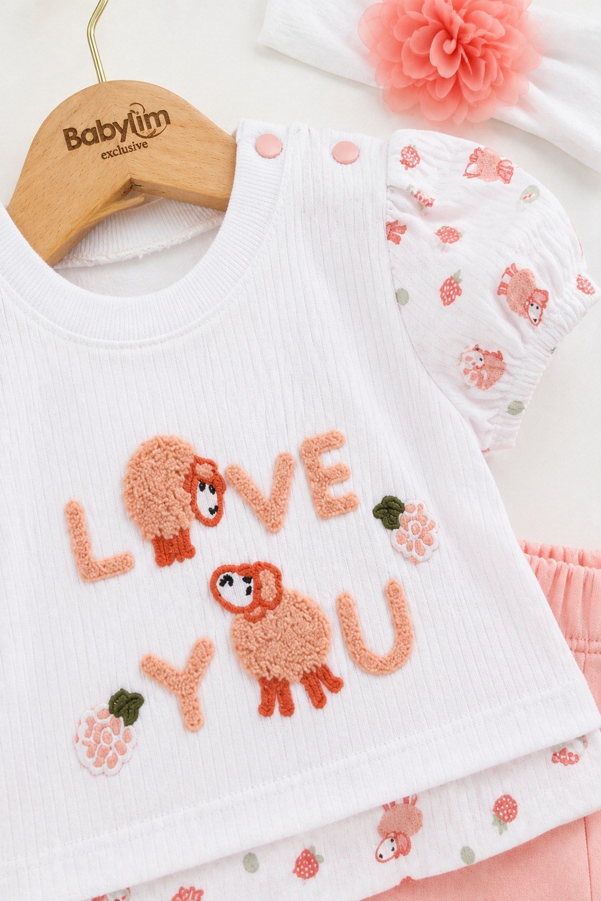 Kız Bebek 3lü Yazlık Takım %100pamuk Love You Kuzu Nakışlı Tişört+Şort+Bandana Set 0-3-6-9Aylık