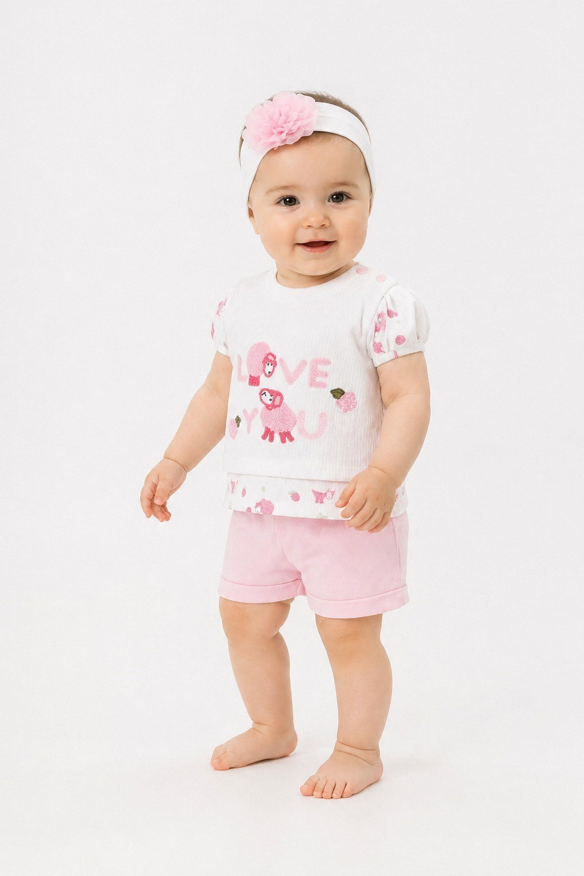 Kız Bebek 3lü Yazlık Takım %100pamuk Love You Kuzu Nakışlı Tişört+Şort+Bandana Set 0-3-6-9Aylık