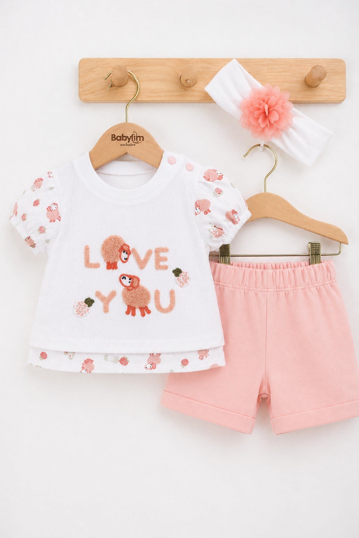 Kız Bebek 3lü Yazlık Takım %100pamuk Love You Kuzu Nakışlı Tişört+Şort+Bandana Set 0-3-6-9Aylık