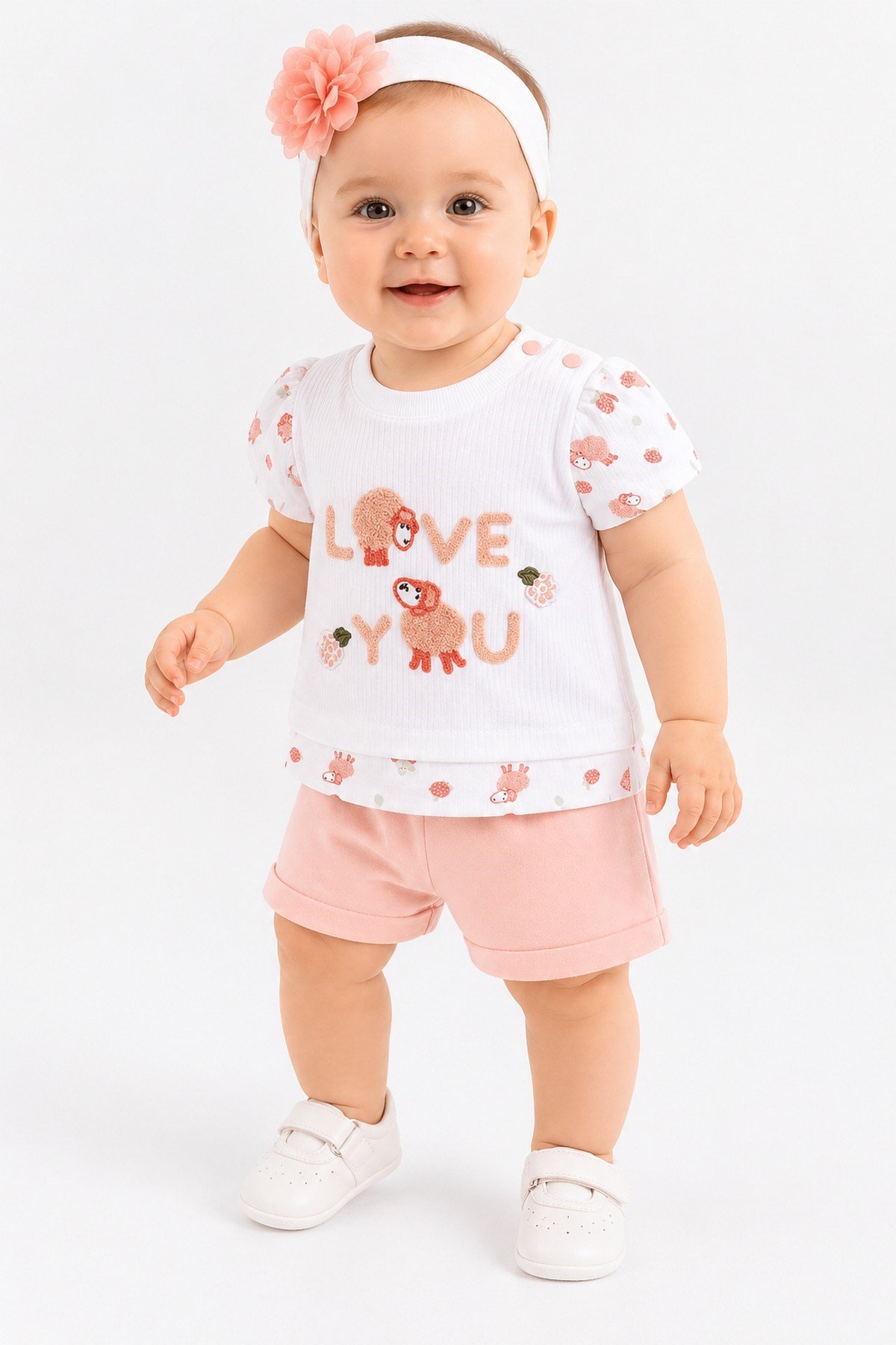 Kız Bebek 3lü Yazlık Takım %100pamuk Love You Kuzu Nakışlı Tişört+Şort+Bandana Set 0-3-6-9Aylık
