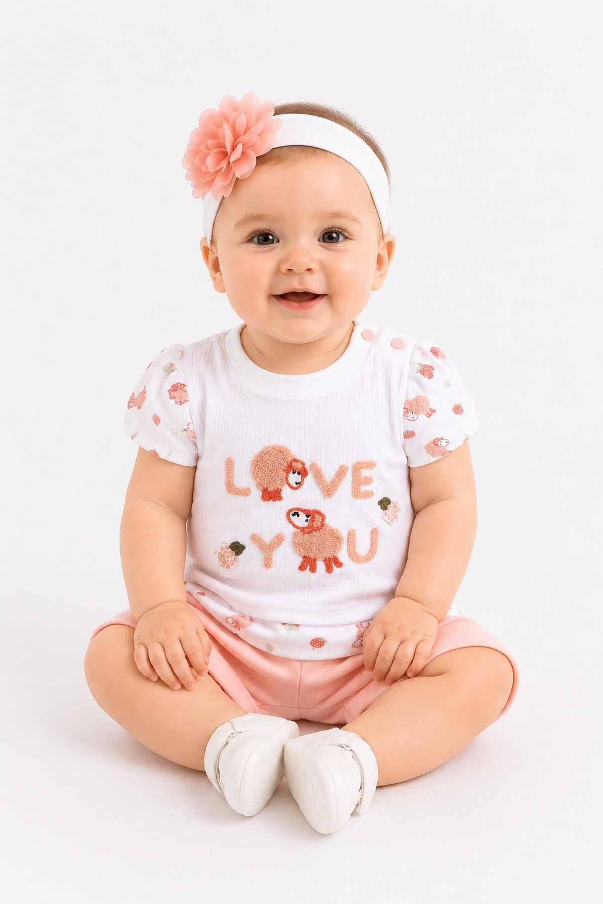 Kız Bebek 3lü Yazlık Takım %100pamuk Love You Kuzu Nakışlı Tişört+Şort+Bandana Set 0-3-6-9Aylık