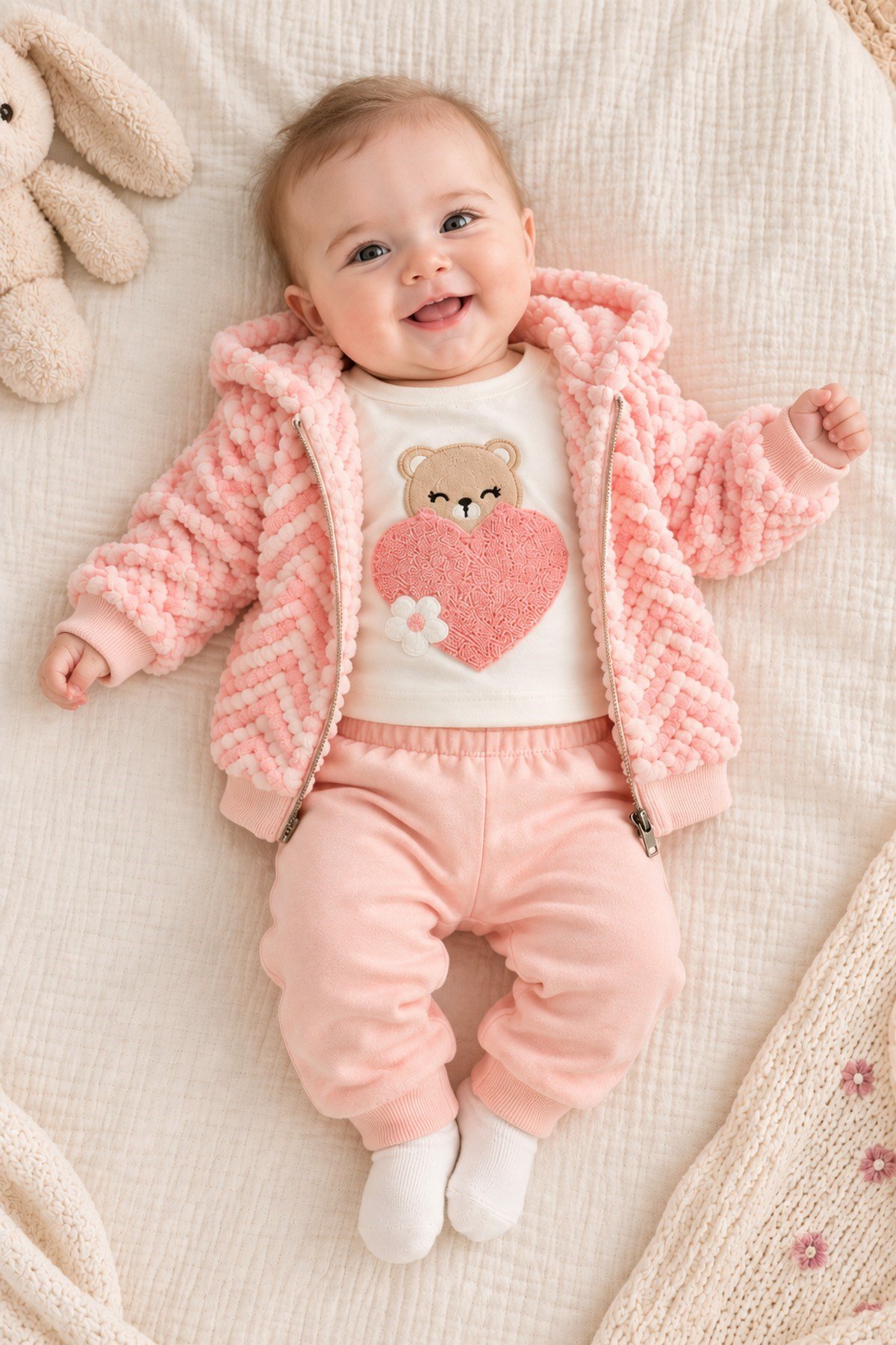 Kız Bebek Ayıcık Kalp Nakışlı Üst Peluş Kapüşonlu Zikzak Desenli Hırka ve Eşofman Altı 3'lü Takım 3-6-9-12-18aylık