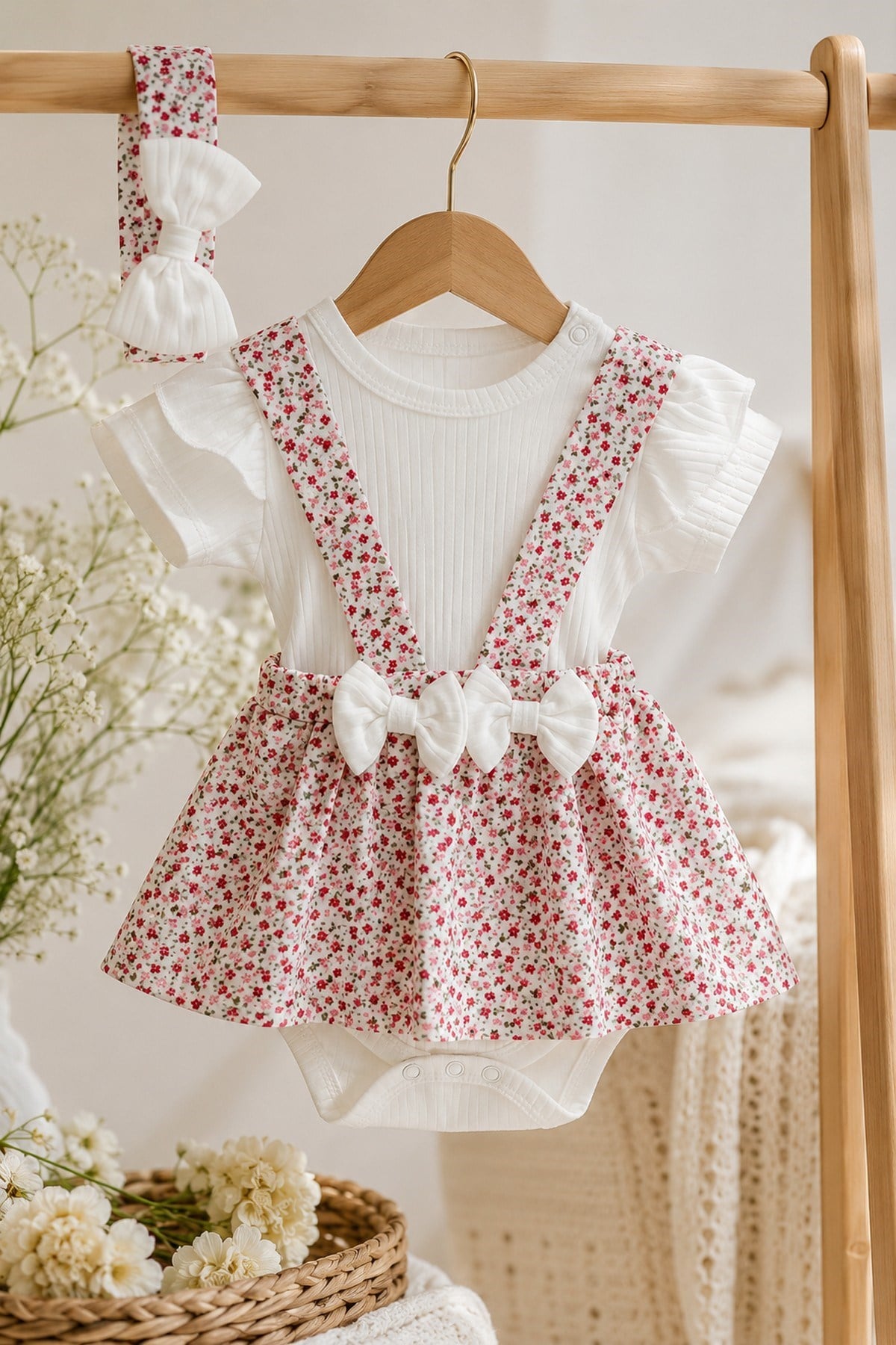 Kız Bebek Çiçek Desenli Bandanalı 3lü Takım Kısa Kollu Alttan Çıtçıtlı Body+Ribanalı Salopet Elbise 0-3-6-9-12aylık