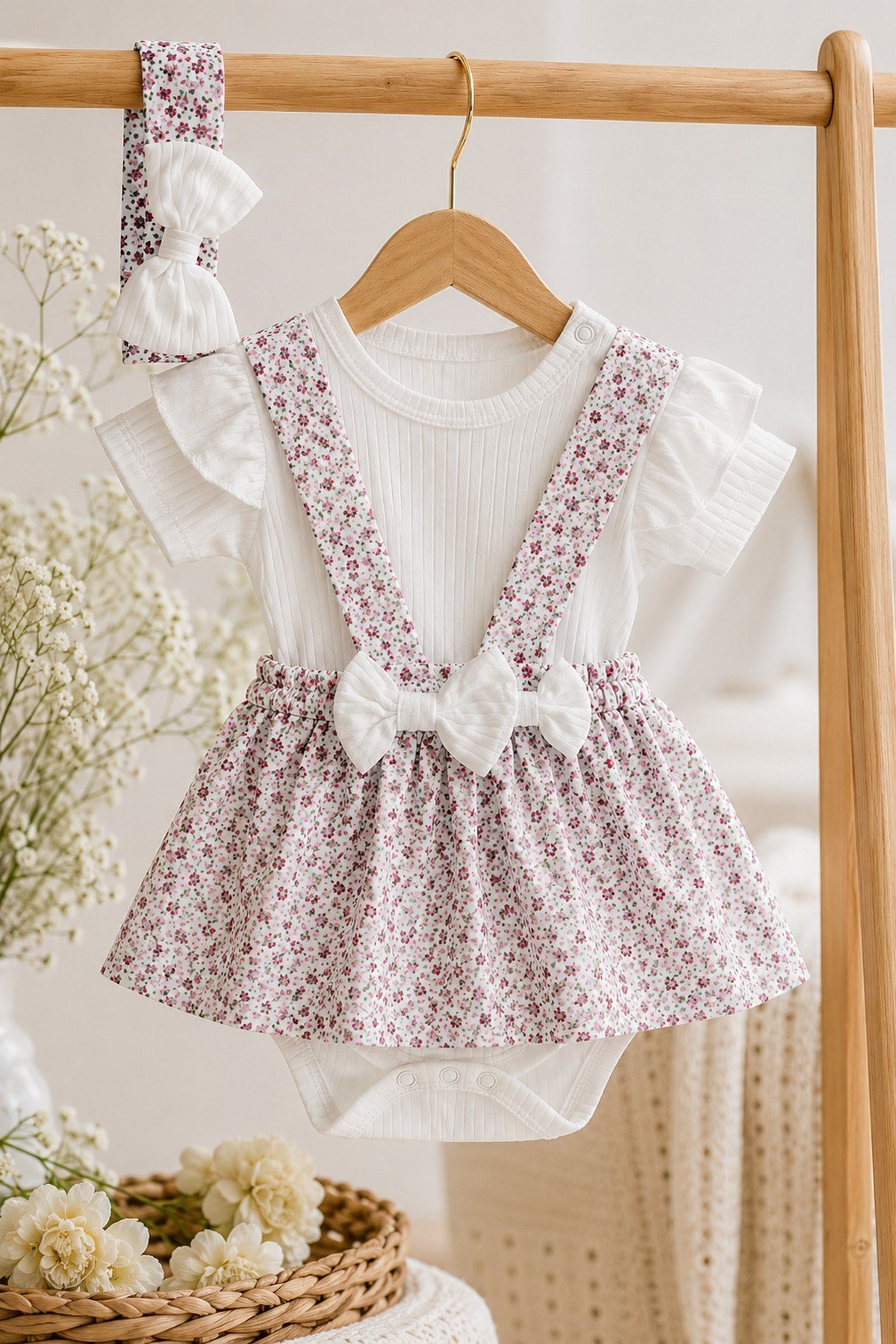 Kız Bebek Çiçek Desenli Bandanalı 3lü Takım Kısa Kollu Alttan Çıtçıtlı Body+Ribanalı Salopet Elbise 0-3-6-9-12aylık