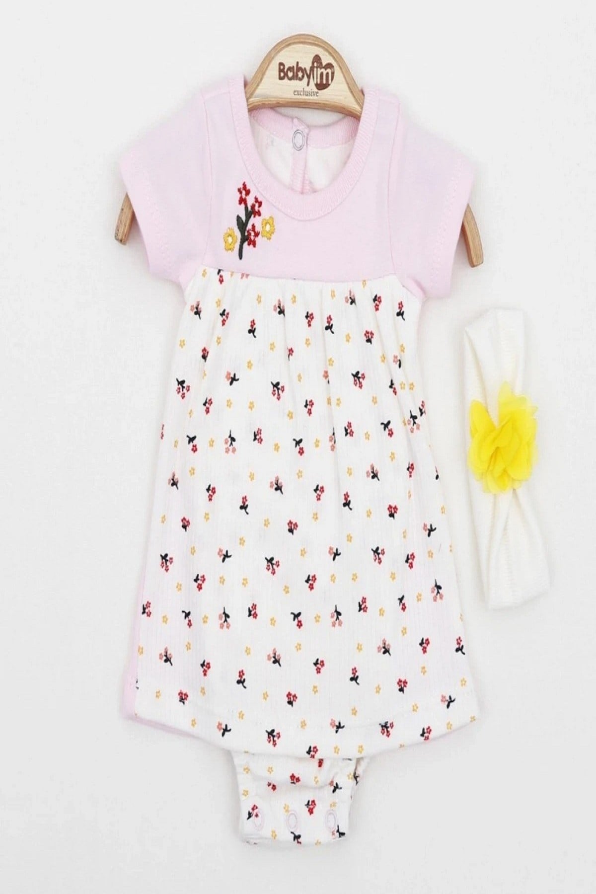 Kız Bebek Çiçek Desenli Elbise Görünümlü Alttan Çıtçıtlı Badi+Bandanalı 2'li Set %100pamuk 1-2-3 Aylık