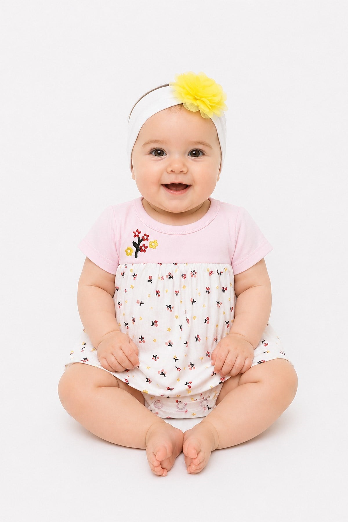 Kız Bebek Çiçek Desenli Elbise Görünümlü Alttan Çıtçıtlı Badi+Bandanalı 2'li Set %100pamuk 1-2-3 Aylık