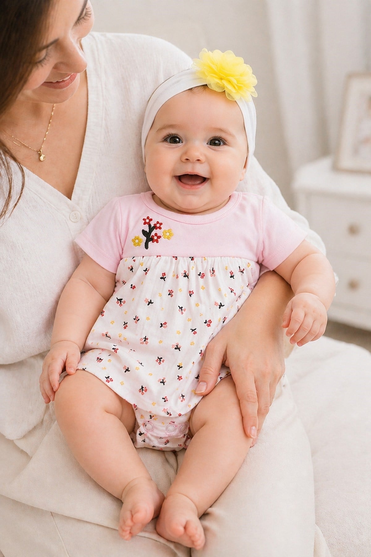 Kız Bebek Çiçek Desenli Elbise Görünümlü Alttan Çıtçıtlı Badi+Bandanalı 2'li Set %100pamuk 1-2-3 Aylık