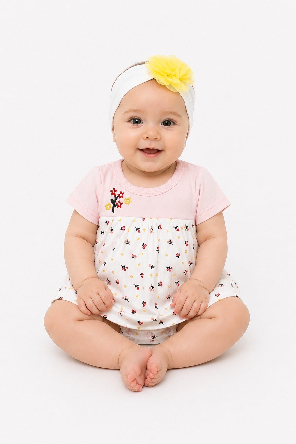 Kız Bebek Çiçek Desenli Elbise Görünümlü Alttan Çıtçıtlı Badi+Bandanalı 2'li Set %100pamuk 1-2-3 Aylık