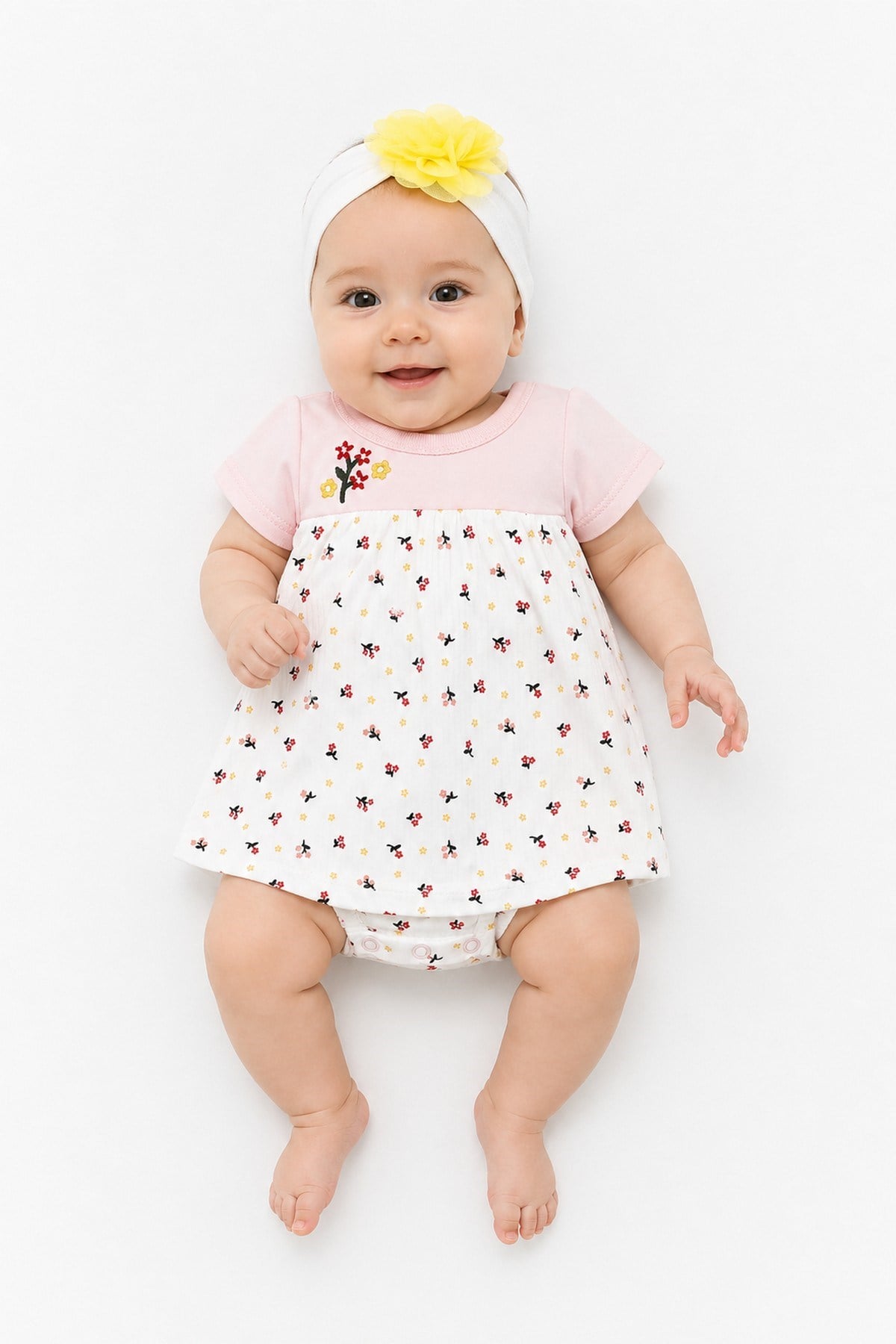 Kız Bebek Çiçek Desenli Elbise Görünümlü Alttan Çıtçıtlı Badi+Bandanalı 2'li Set %100pamuk 1-2-3 Aylık