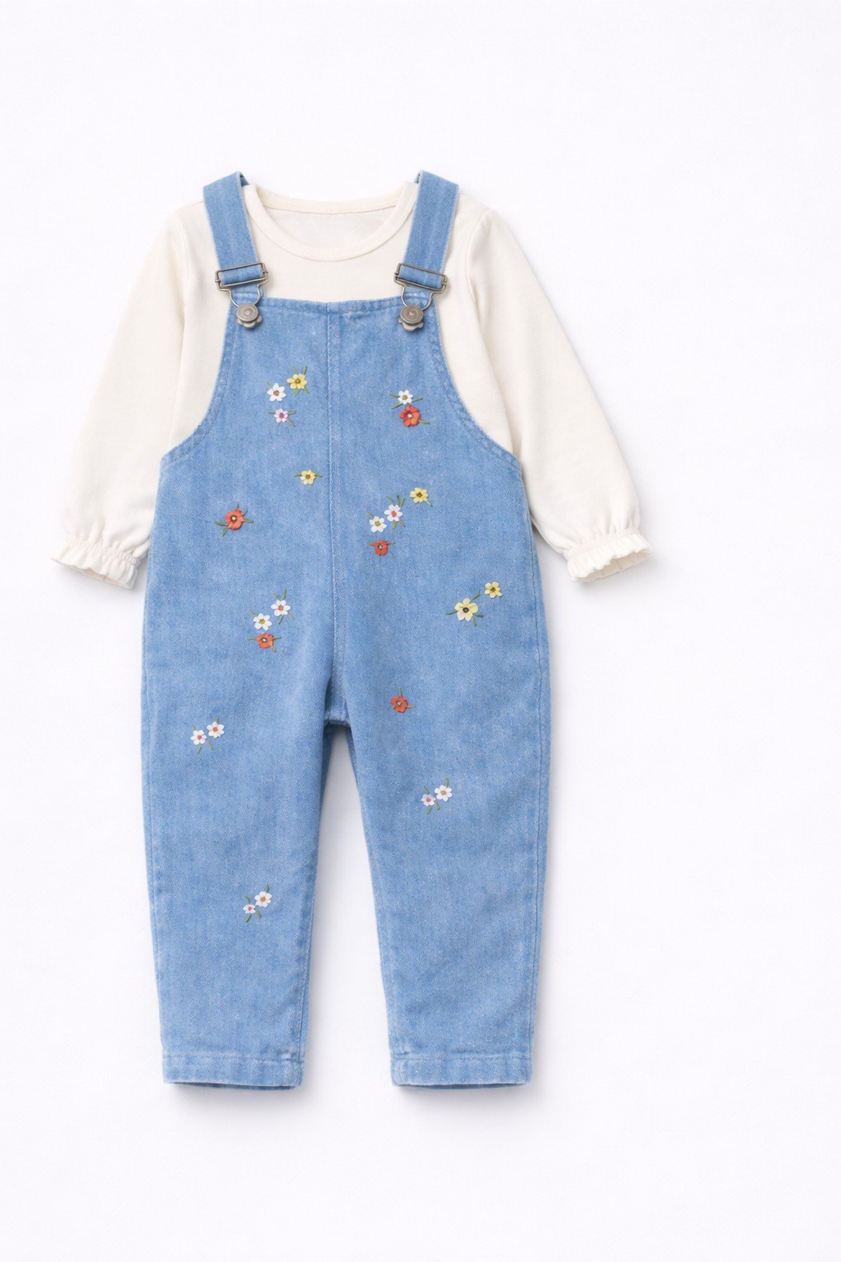 Kız Bebek Çiçek/Çilekli/Kirazlı Nakışlı Uzun Kollu Badili Esnek Kot Salopet 2li Takım Bayramlık 6-9-12-18-24aylık