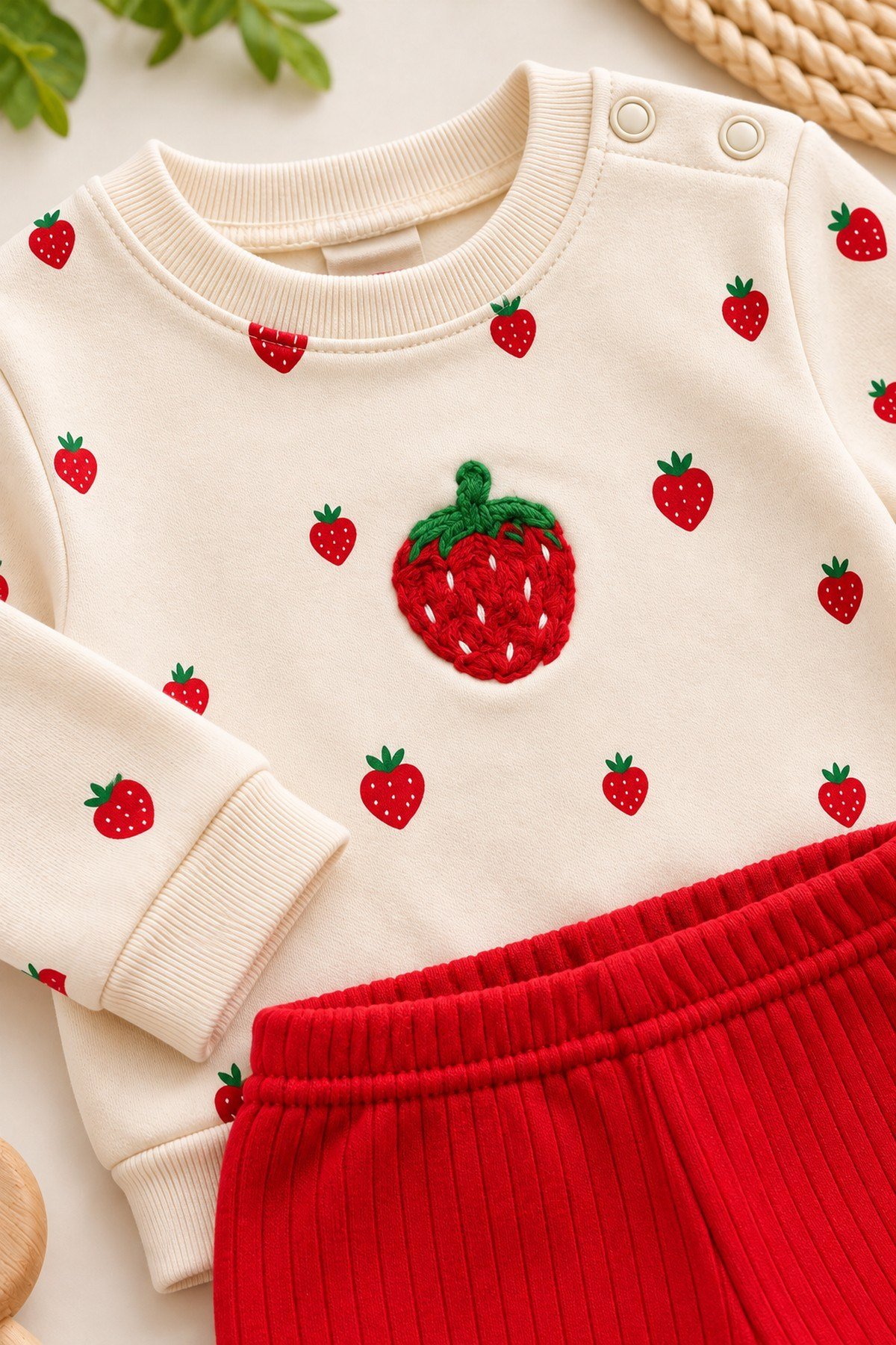 Kız Bebek Çilek Nakışlı 2'li Alt Üst Takım Ekru Sweatshirt Fitilli Alt Eşofman 3-12ay