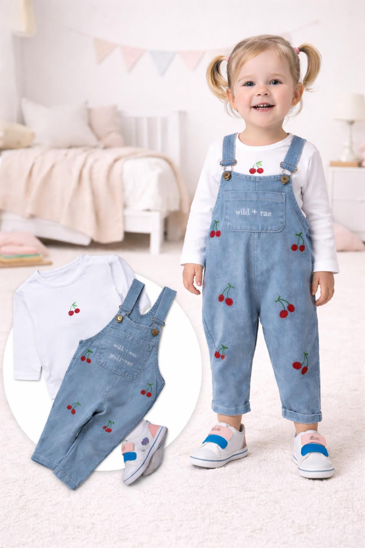Kız Bebek Çilekli/Kirazlı Nakışlı Uzun Kollu Badili Esnek Kot Salopet 2li Takım Bayramlık 6-9-12-18-24aylık