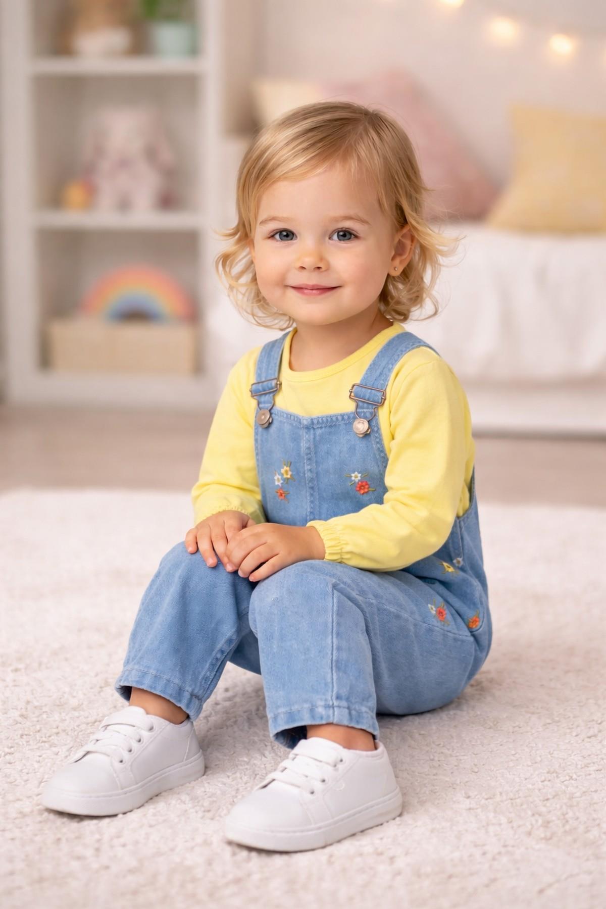 Kız Bebek Çilekli/Kirazlı Nakışlı Uzun Kollu Badili Esnek Kot Salopet 2li Takım Bayramlık 6-9-12-18-24aylık