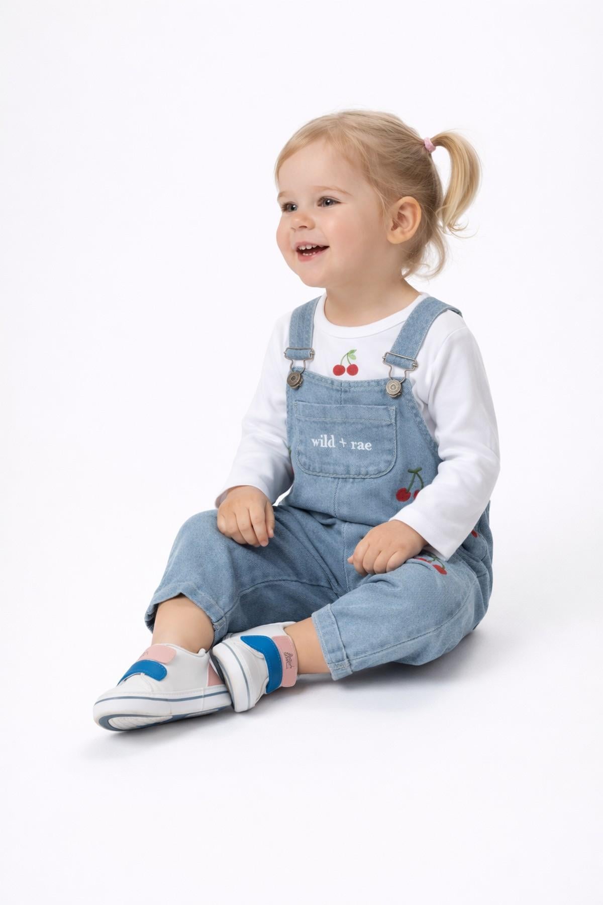 Kız Bebek Çilekli/Kirazlı Nakışlı Uzun Kollu Badili Esnek Kot Salopet 2li Takım Bayramlık 6-9-12-18-24aylık
